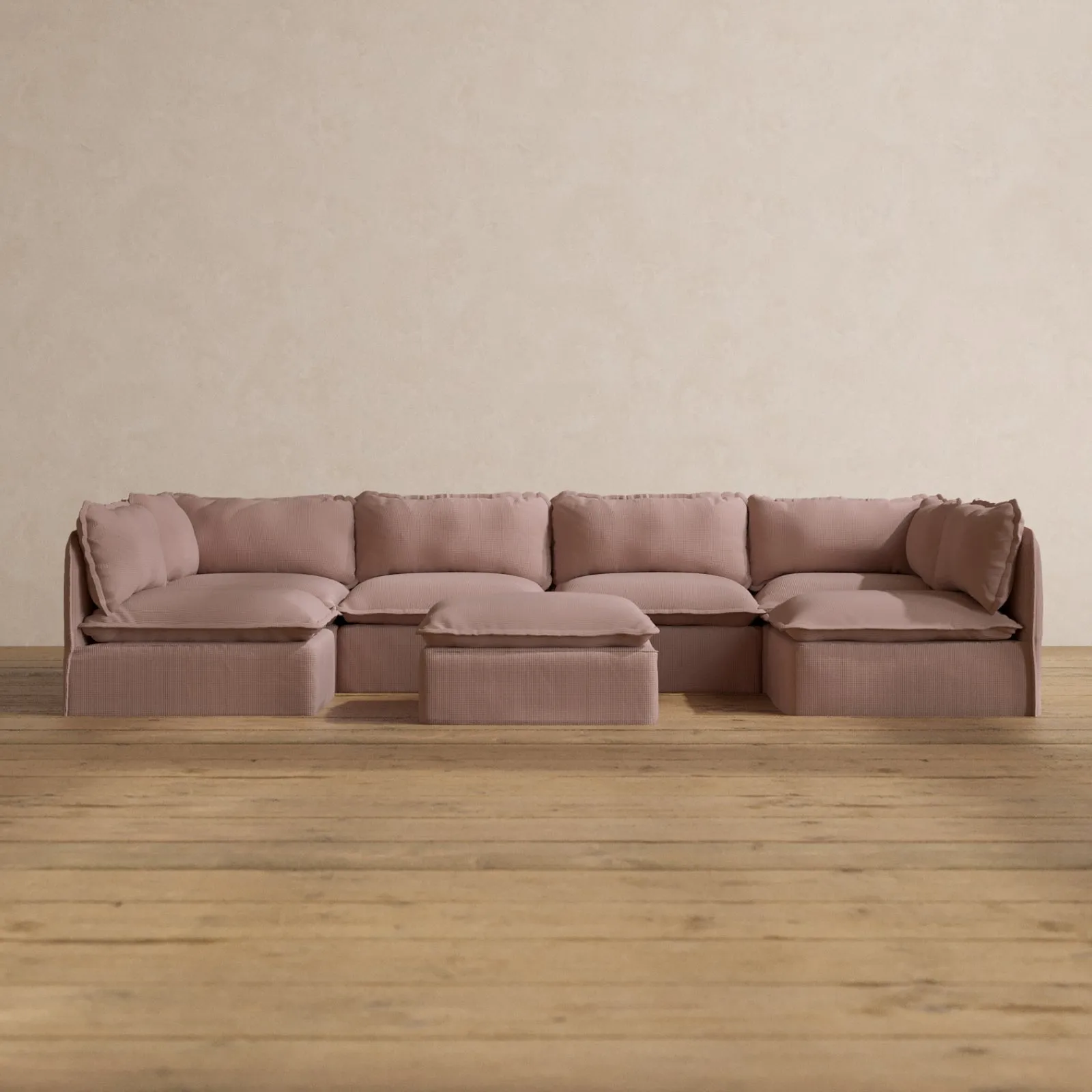 Modular Washable 6-Seater Open-Ends U-Sectional   Ottoman in Sakura | Memorix  Seat | Contour Pillow