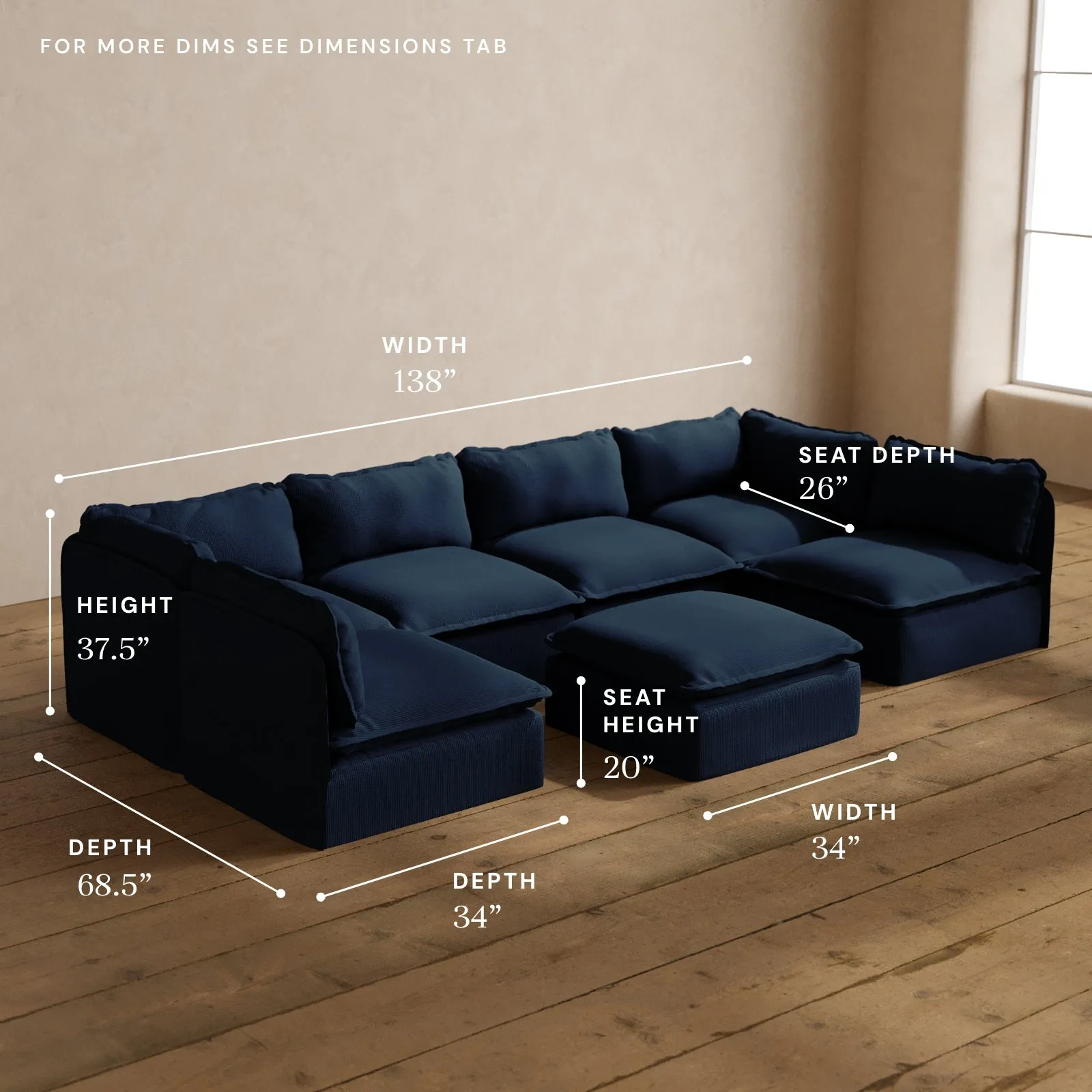 Modular Washable 6-Seater Open-Ends U-Sectional   Ottoman in Sumi | Memorix  Seat | Contour Pillow