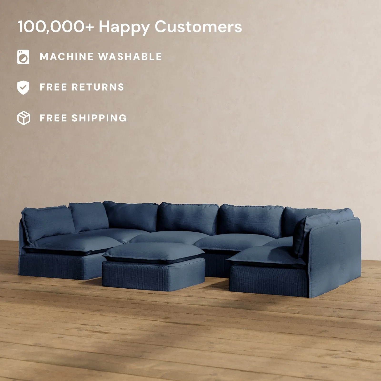 Modular Washable 6-Seater Open-Ends U-Sectional   Ottoman in Sumi | Memorix  Seat | Contour Pillow