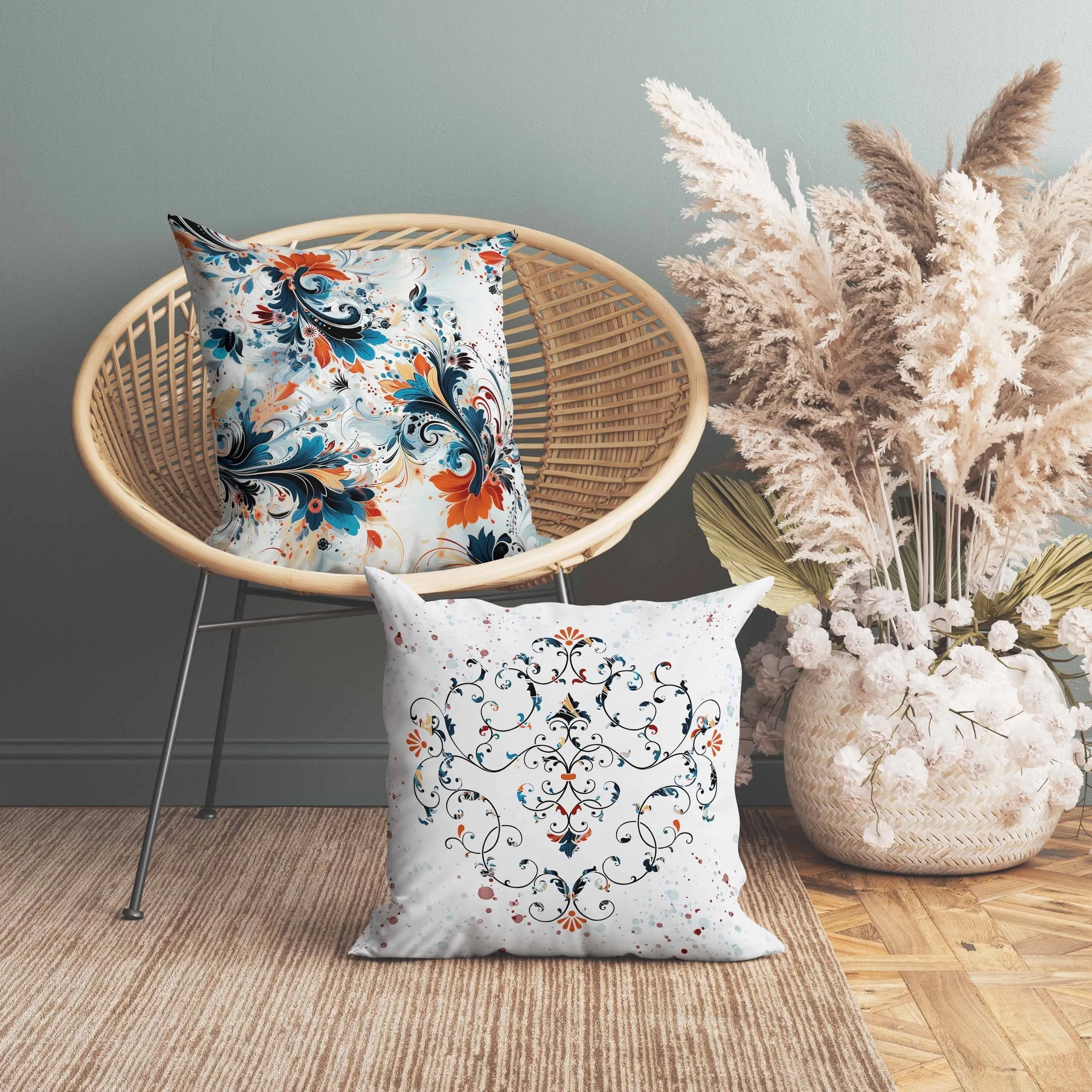 Motif Whirlwinds Indoor/Outdoor Reversible Throw Pillow Blue and Orange