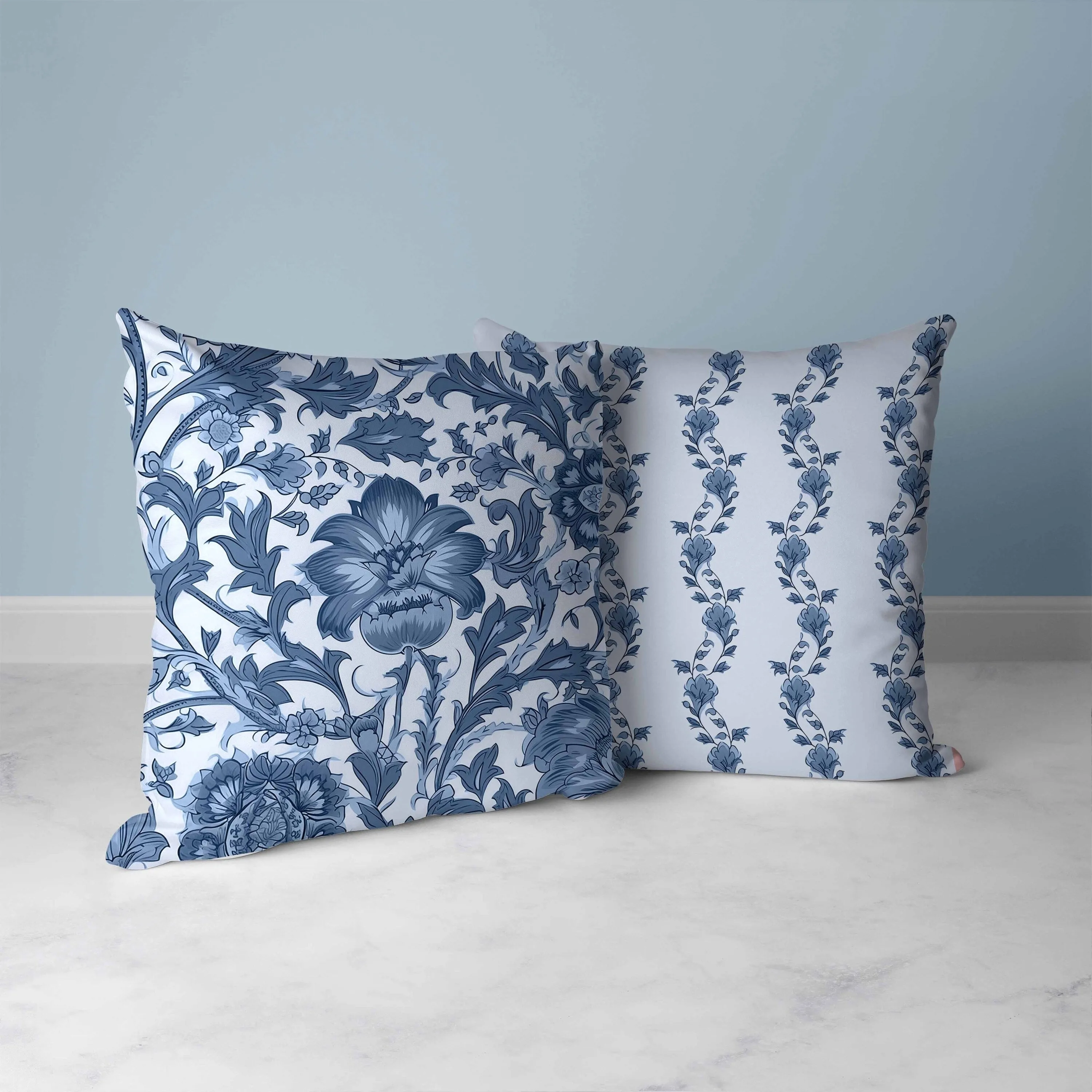 Mughal Era Garden Treasures Faux Suede Reversible Throw Pillow Skyblue and Darkgrey