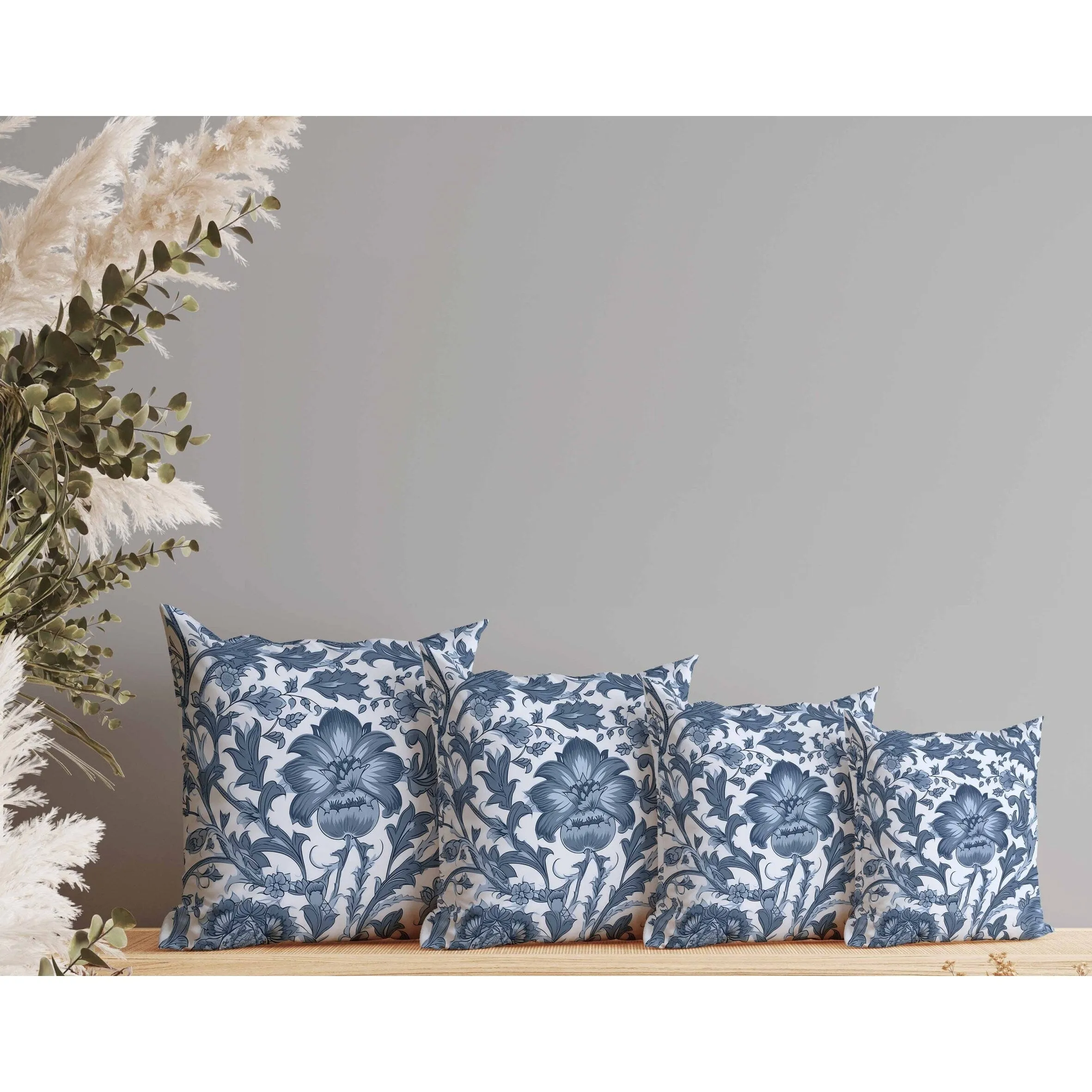 Mughal Era Garden Treasures Faux Suede Reversible Throw Pillow Skyblue and Darkgrey
