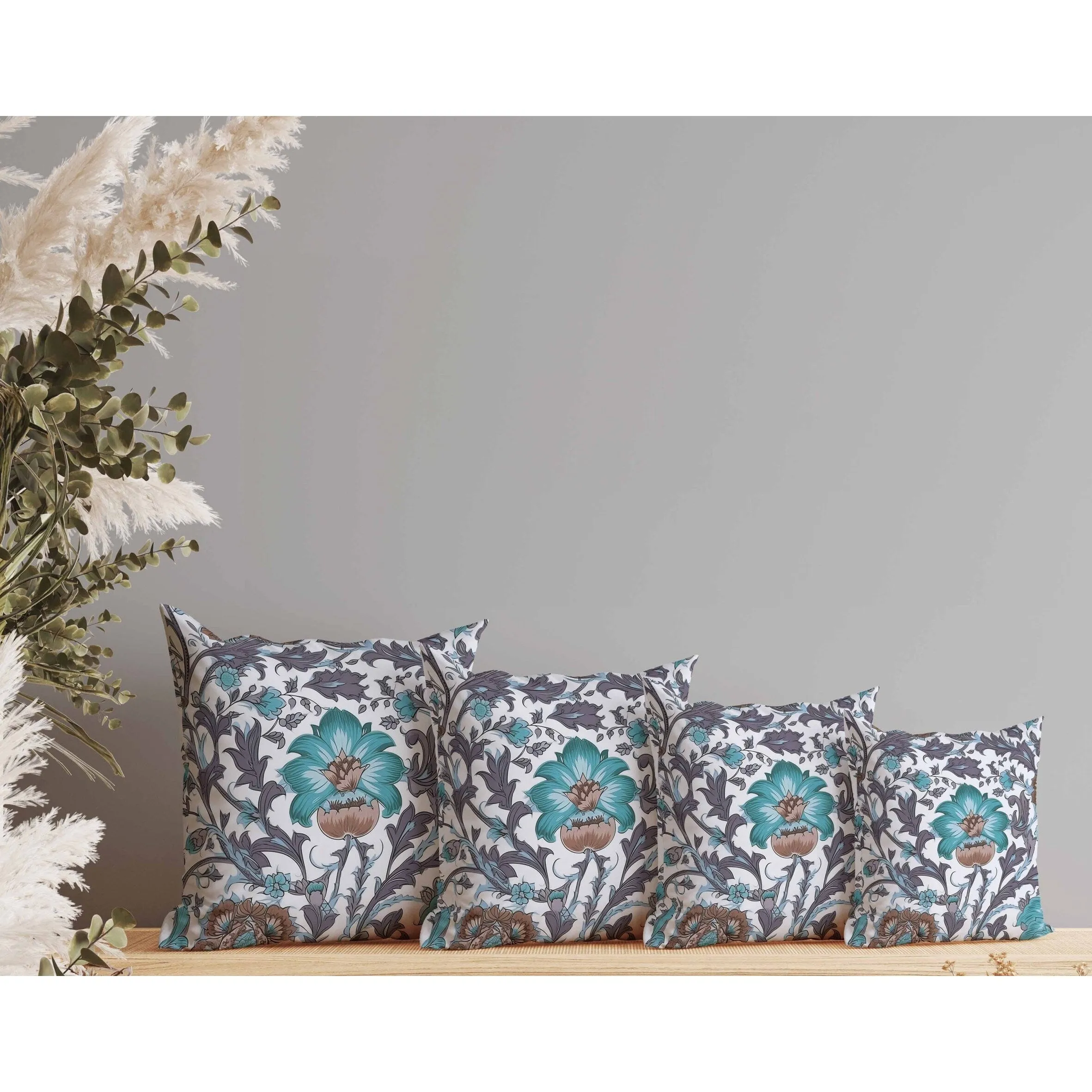 Mughal Era Garden Treasures Faux Suede Reversible Throw Pillow White and Aquamarine