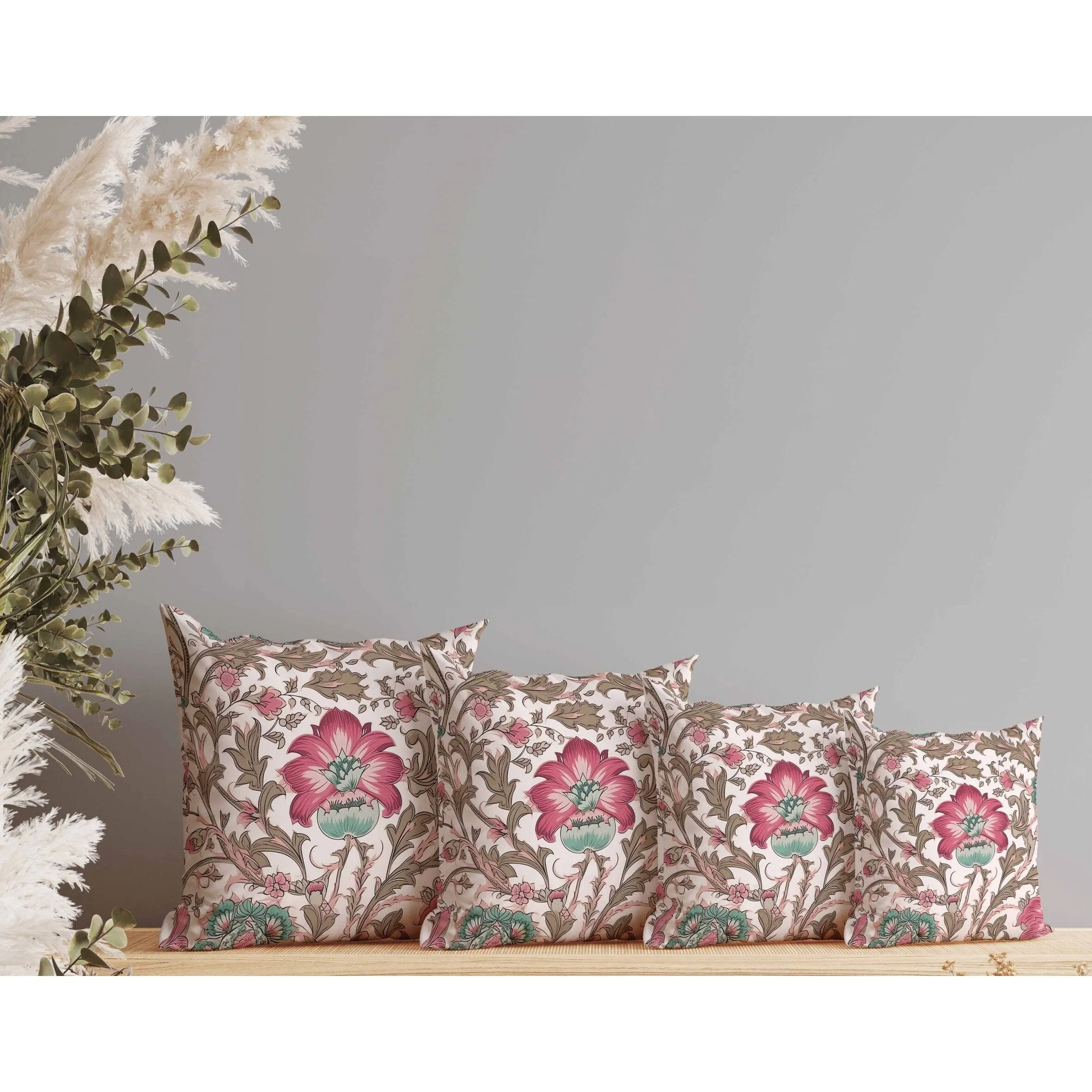 Mughal Era Garden Treasures Indoor/Outdoor Reversible Throw Pillow Pink and Camel