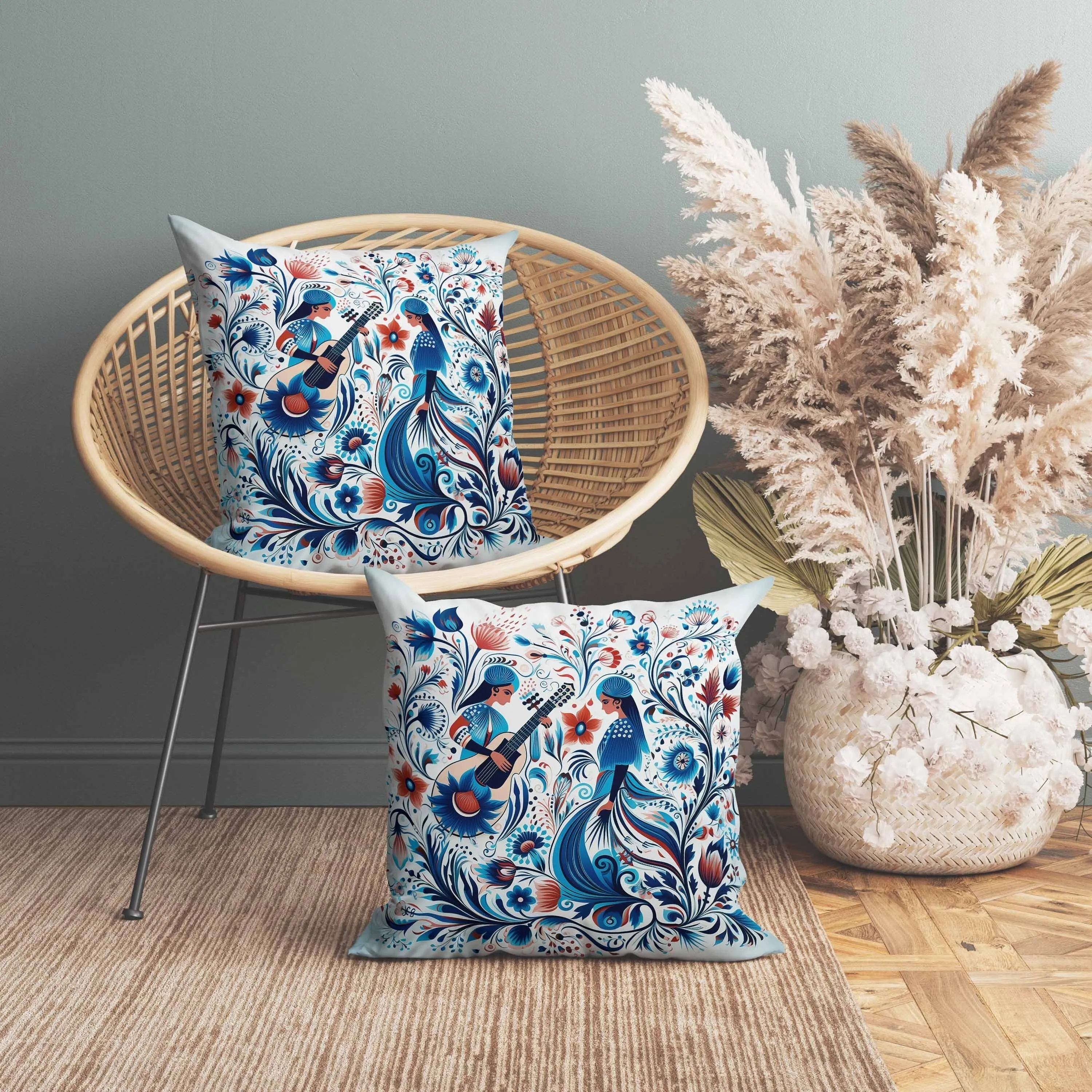 Musical Farry Faux Suede Reversible Throw Pillow White and Blue