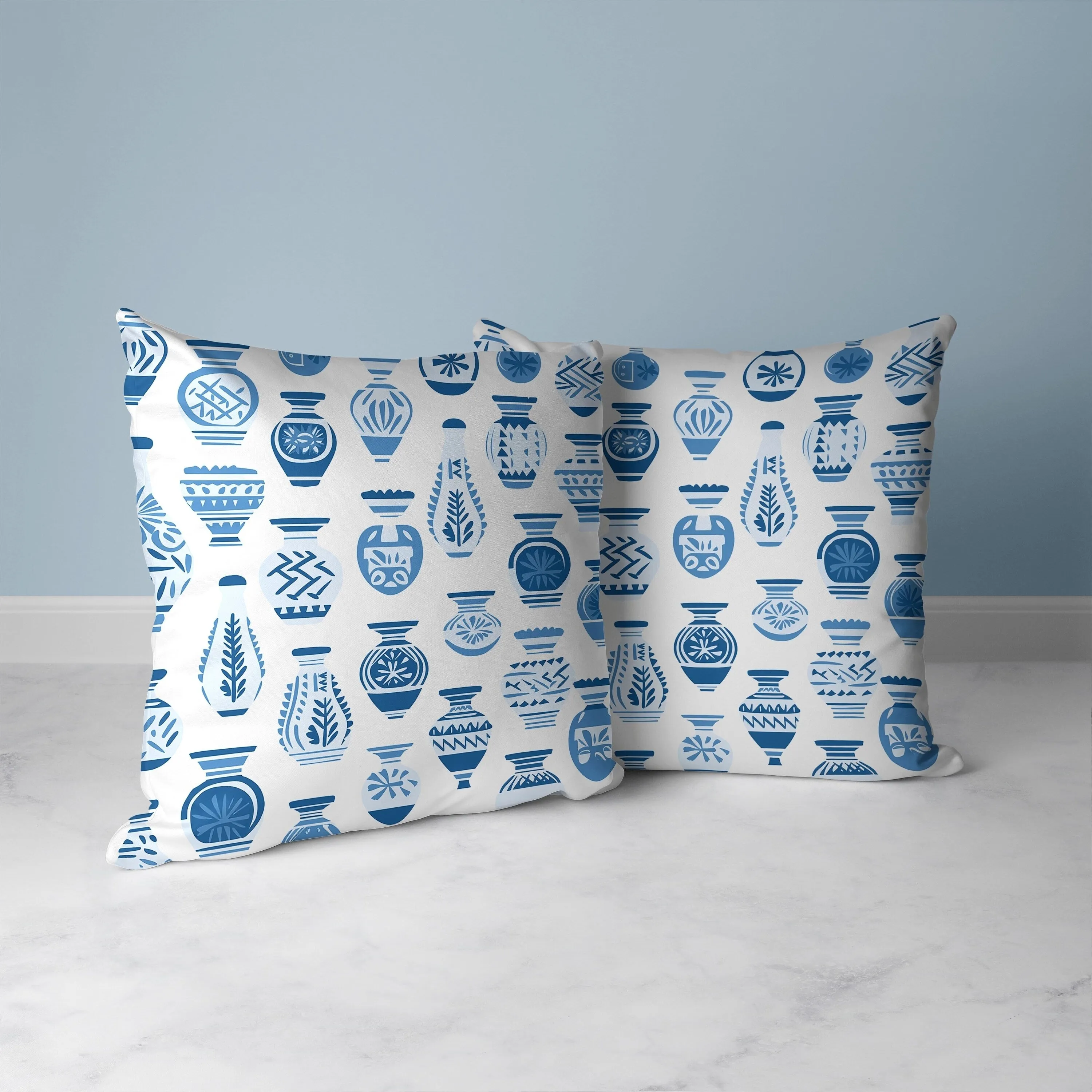 Mystical Pottery Faux Suede Reversible Throw Pillow White and Blue