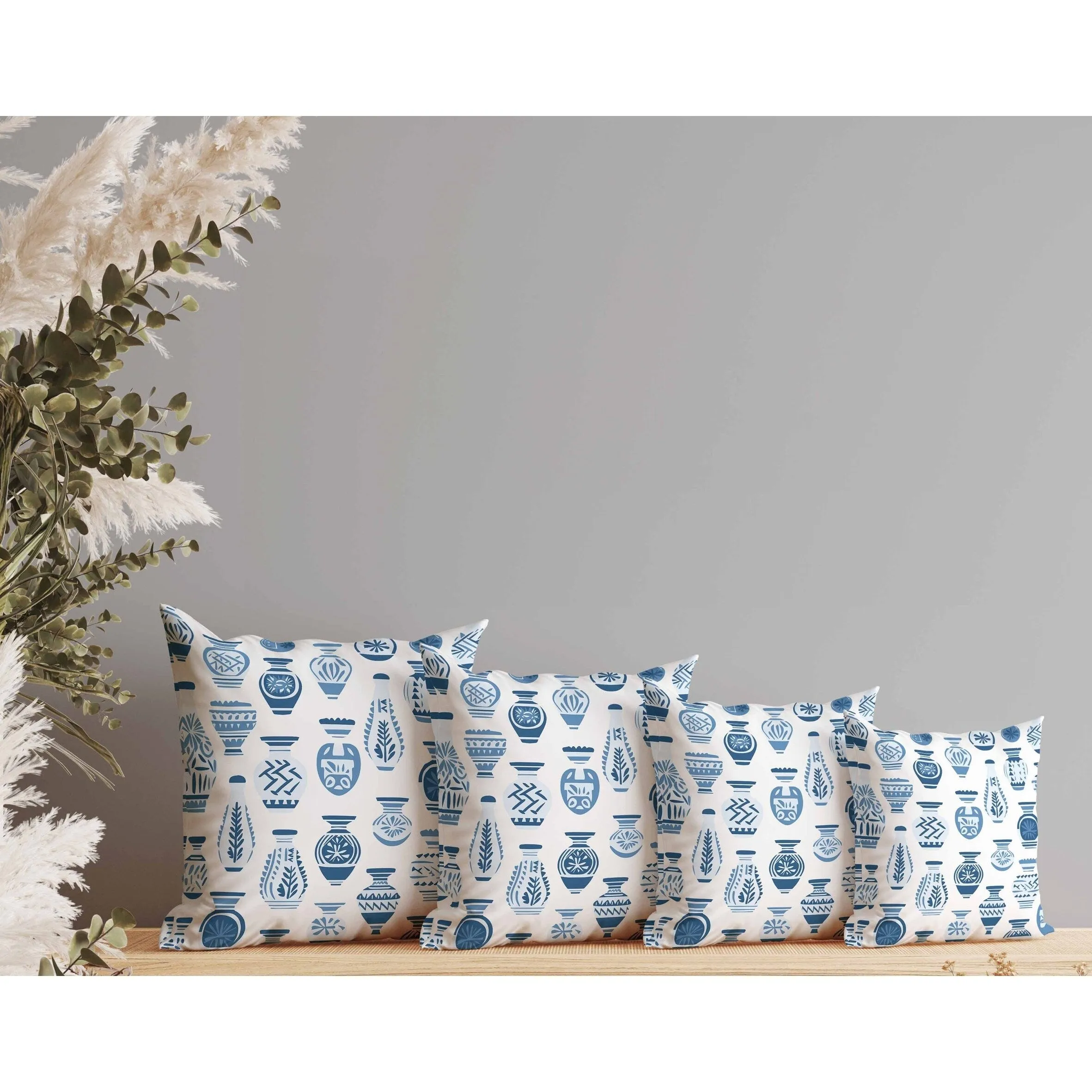 Mystical Pottery Faux Suede Reversible Throw Pillow White and Blue