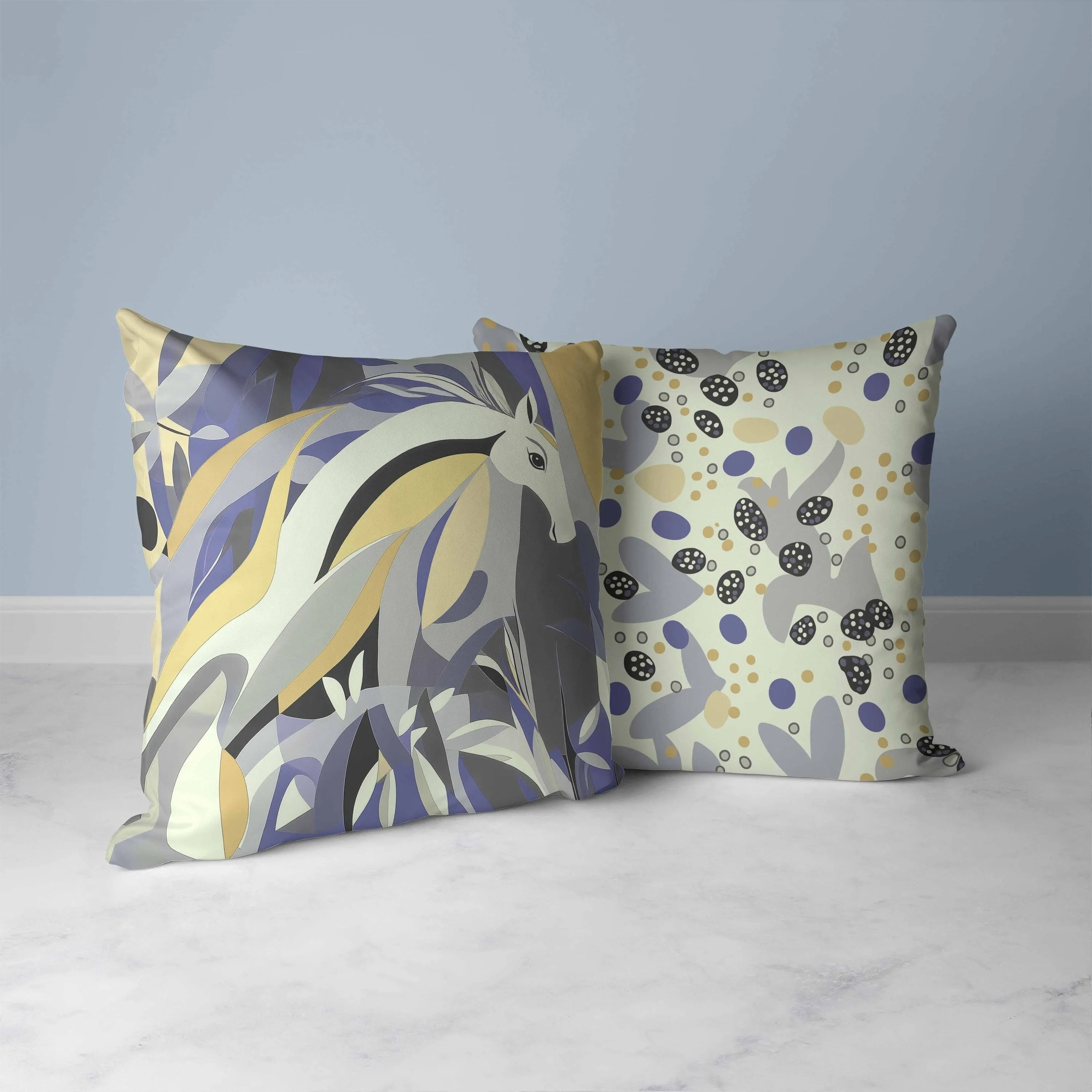 Mythical Horse Faux Suede Reversible Throw Pillow Blue and Gray
