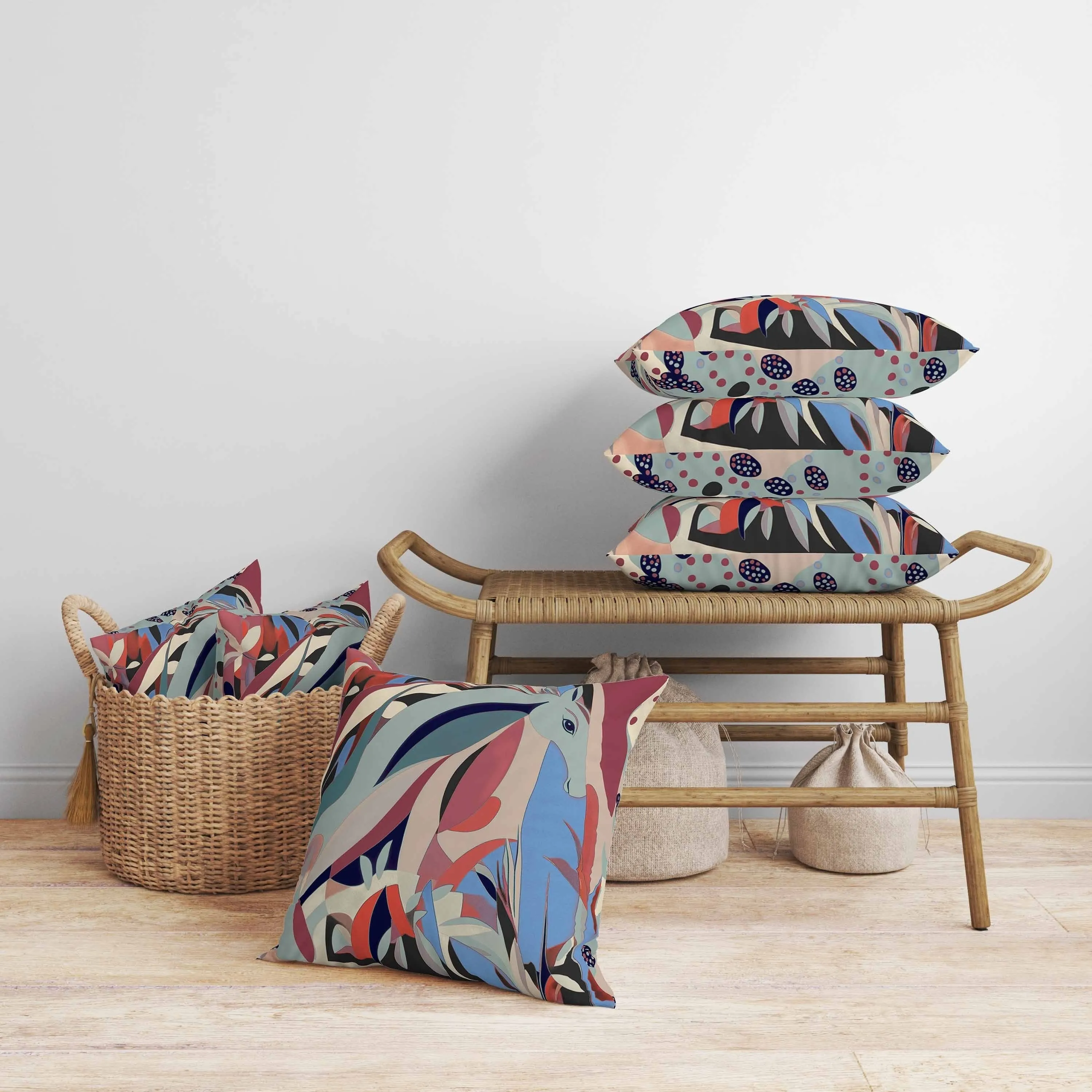 Mythical Horse Faux Suede Reversible Throw Pillow Red and Blue
