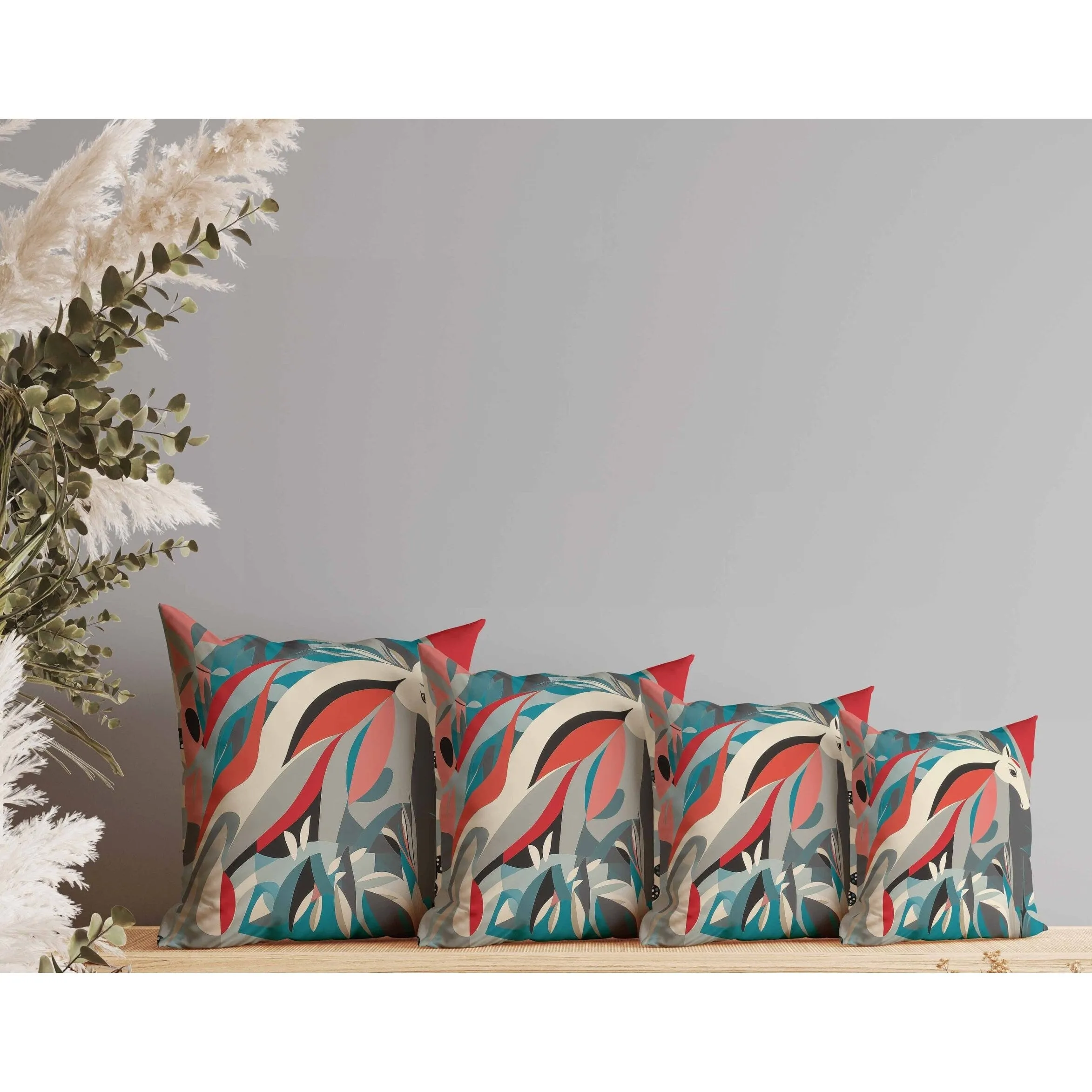 Mythical Horse Faux Suede Reversible Throw Pillow Red and Teal
