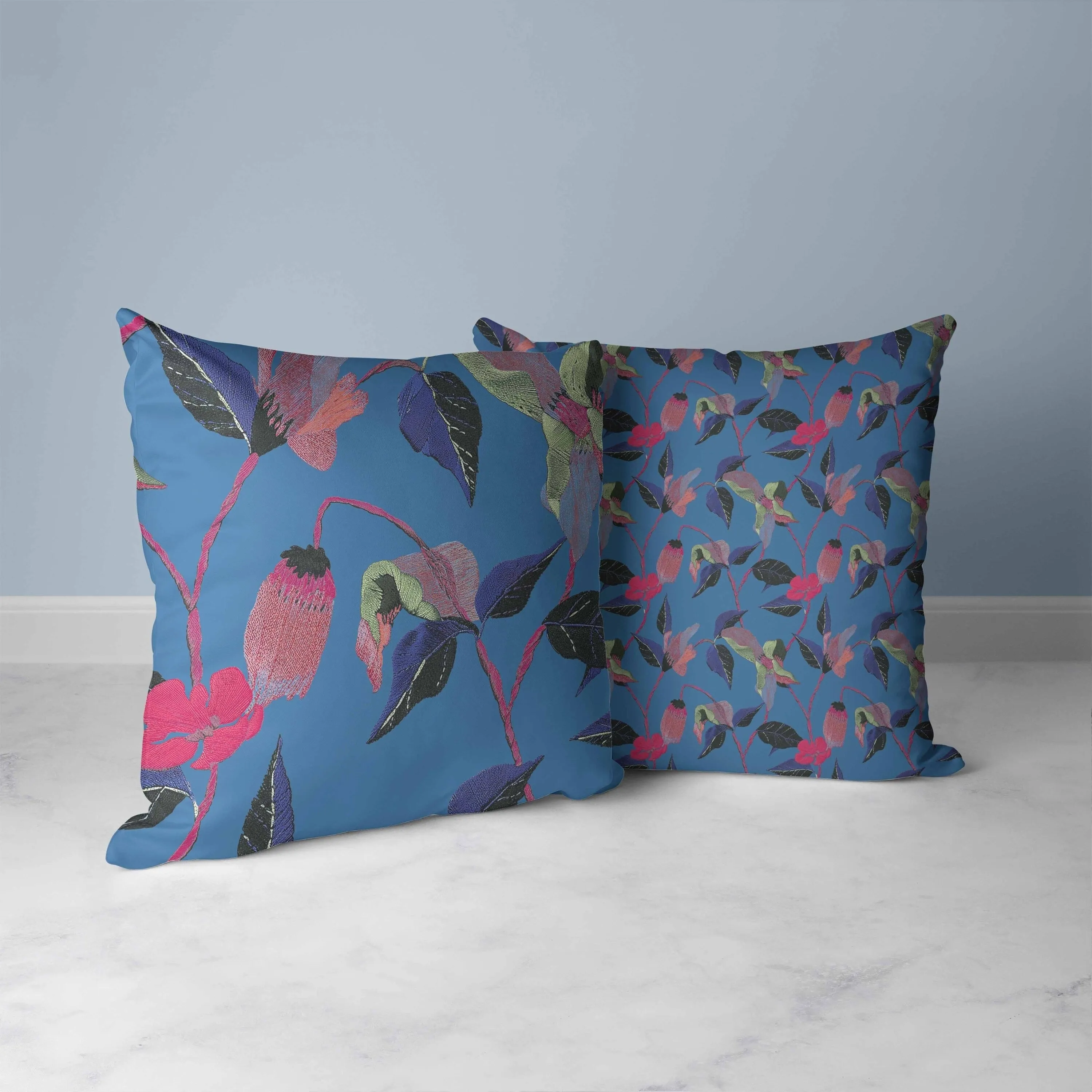 Nature's Embroidery Faux Suede Reversible Throw Pillow Blue and Pink