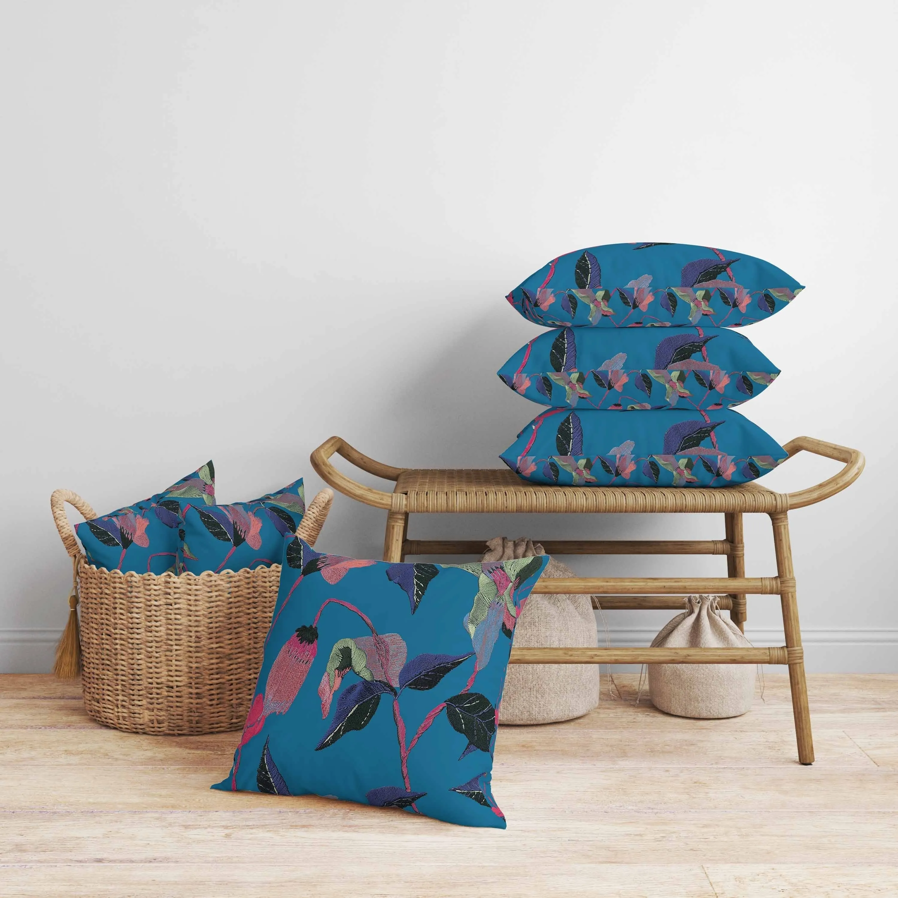 Nature's Embroidery Faux Suede Reversible Throw Pillow Blue and Pink