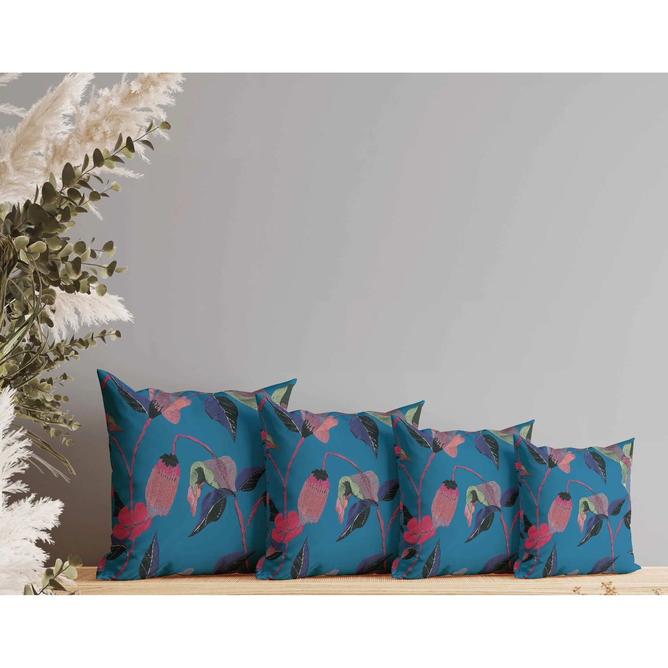 Nature's Embroidery Faux Suede Reversible Throw Pillow Blue and Pink