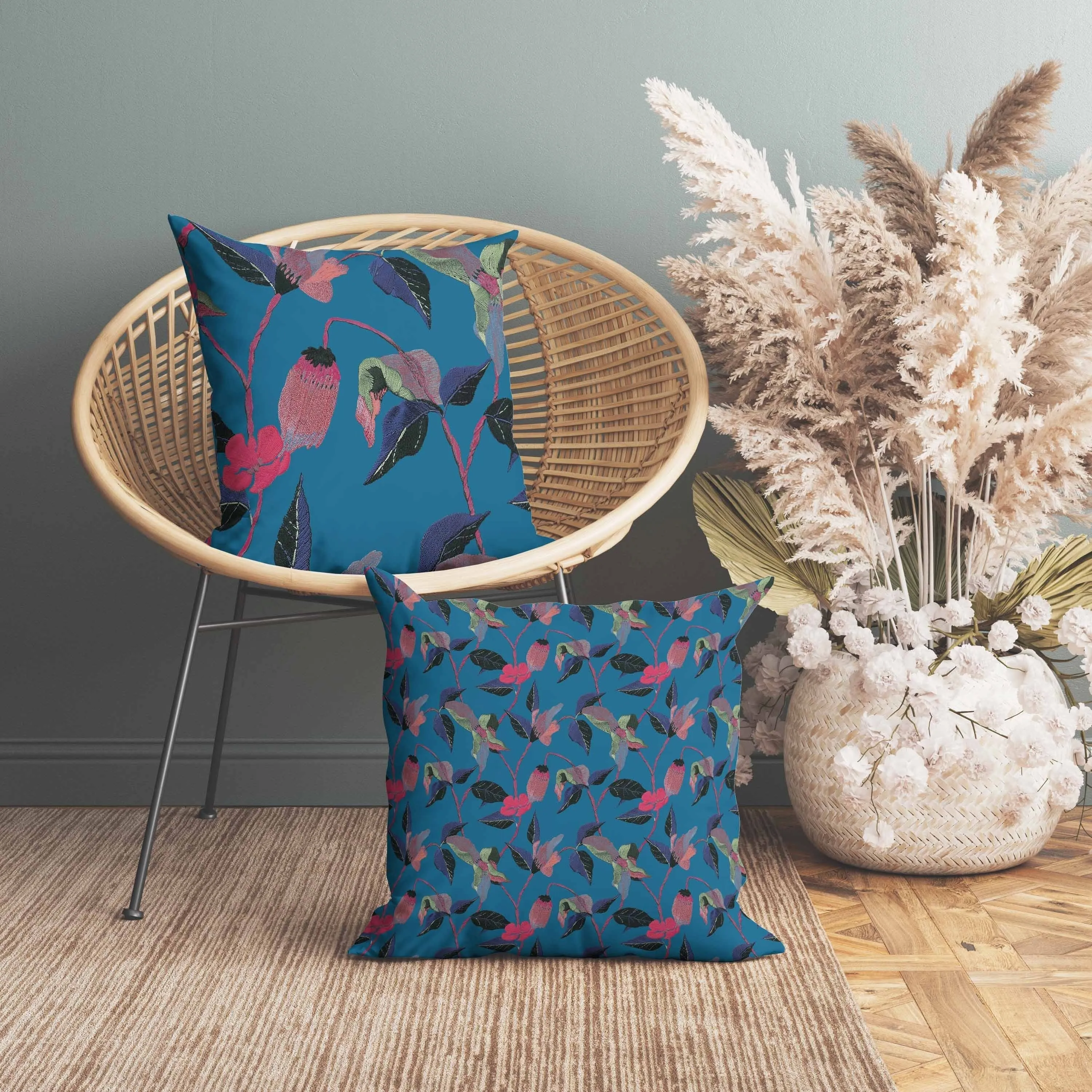 Nature's Embroidery Faux Suede Reversible Throw Pillow Blue and Pink