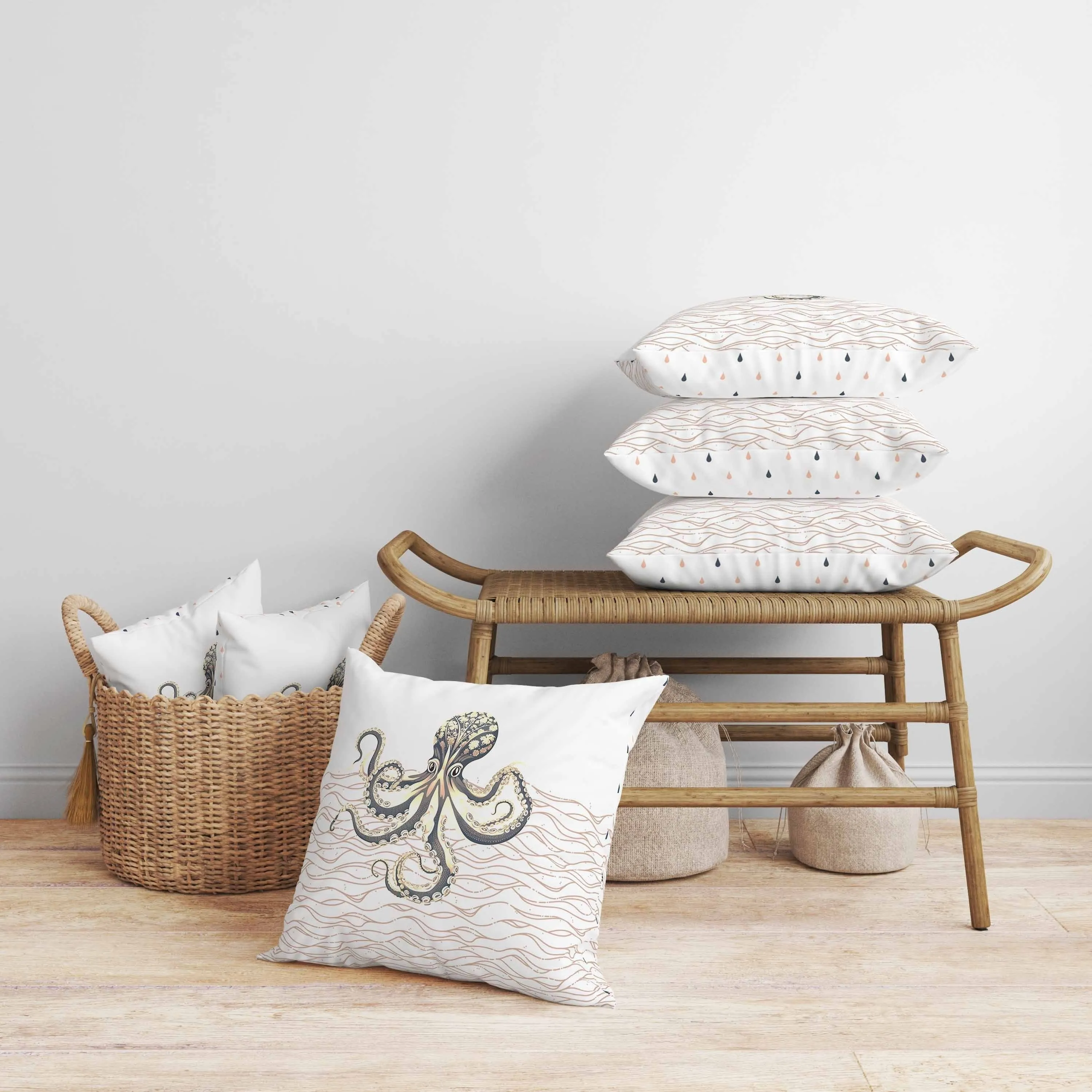 Oceanic Octo Art Faux Suede Reversible Throw Pillow Grey and Ivory