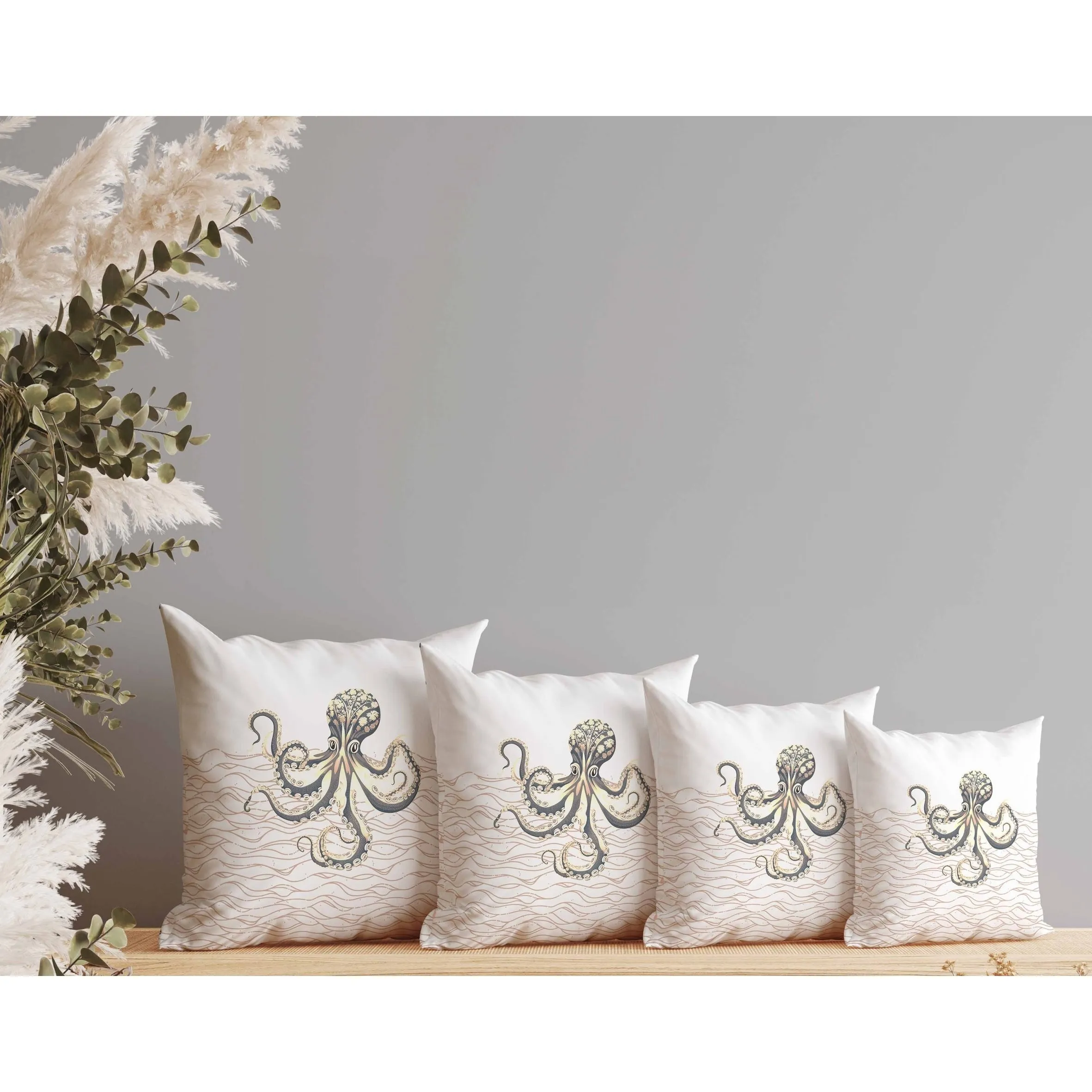 Oceanic Octo Art Faux Suede Reversible Throw Pillow Grey and Ivory