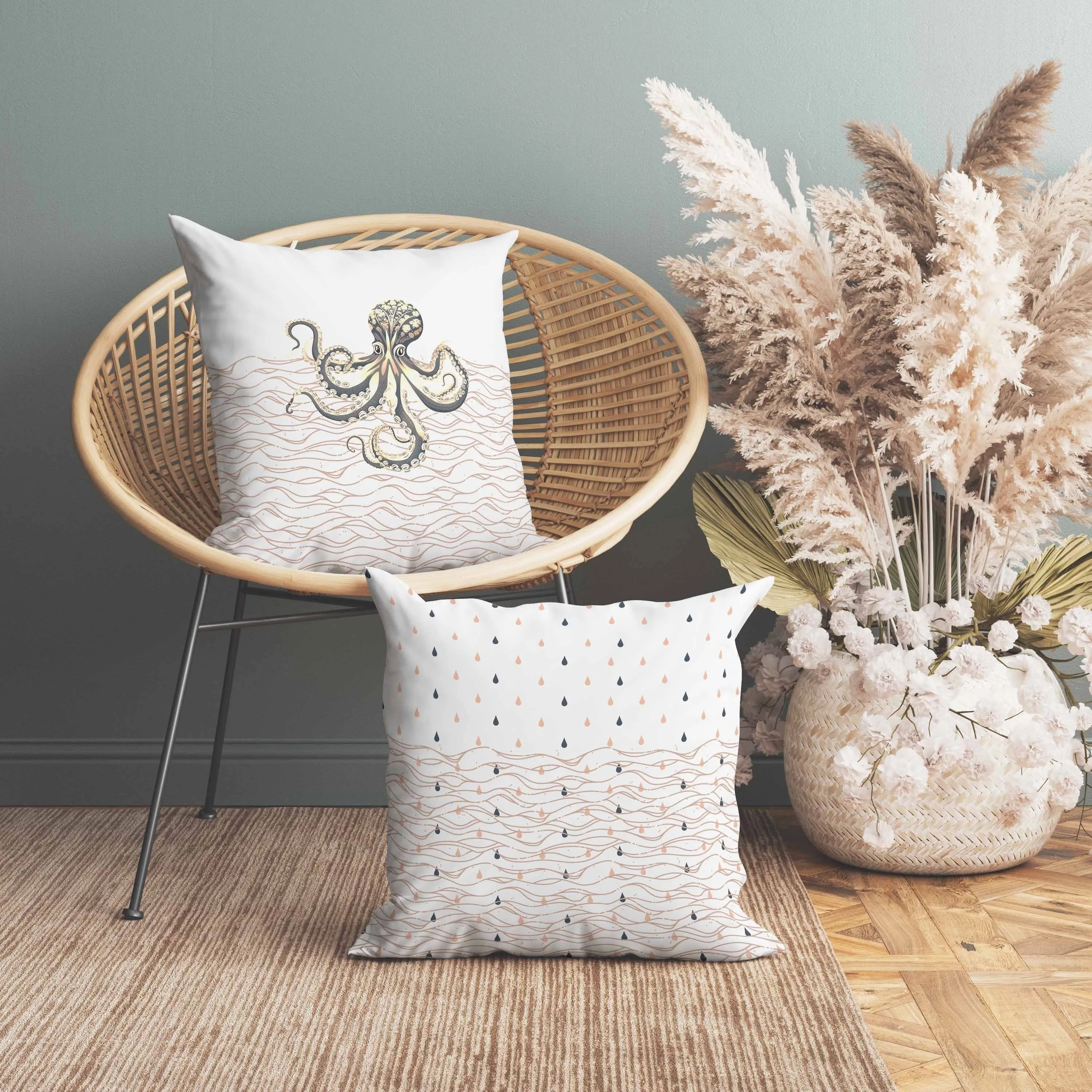 Oceanic Octo Art Faux Suede Reversible Throw Pillow Grey and Ivory
