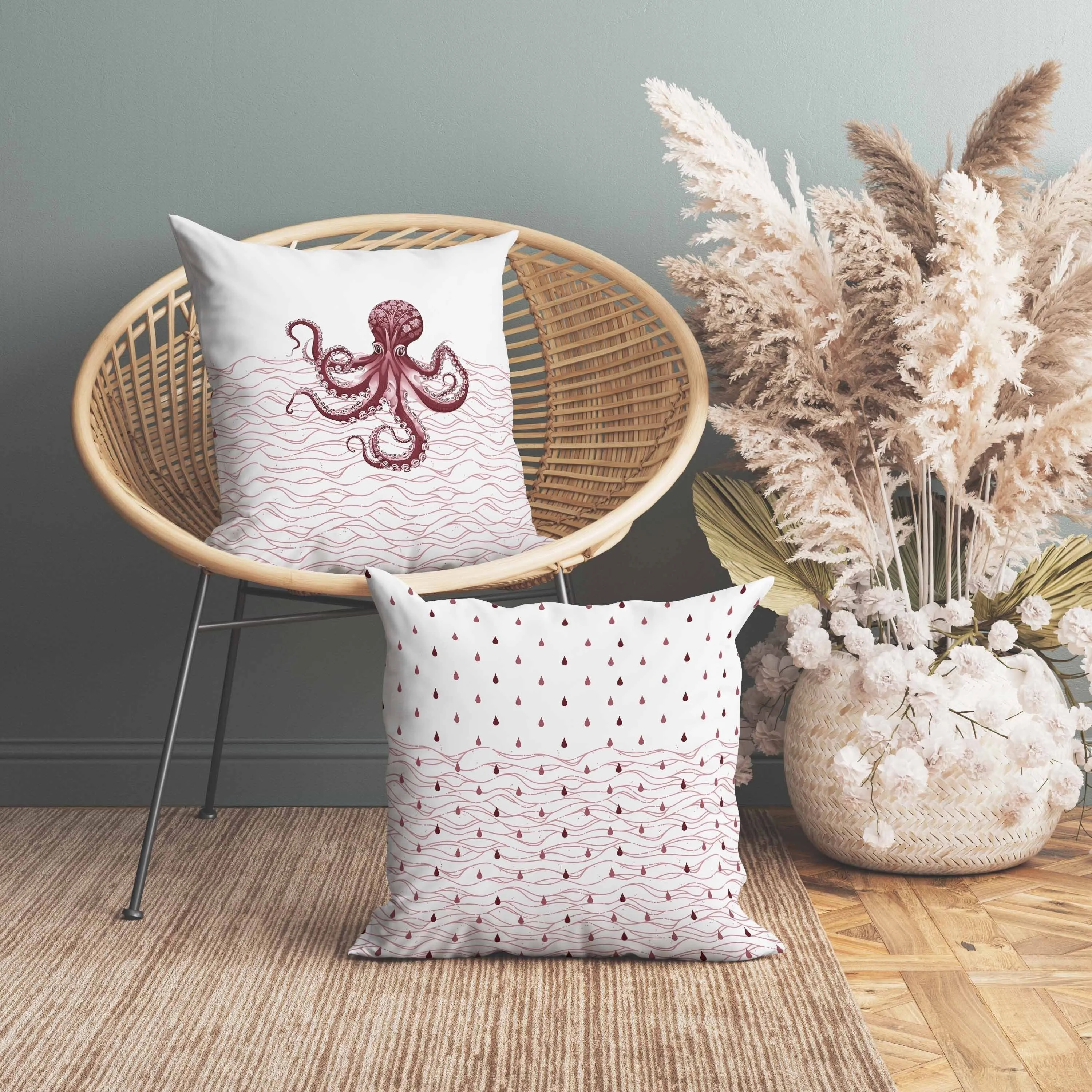 Oceanic Octo Art Faux Suede Reversible Throw Pillow Pink and Wine