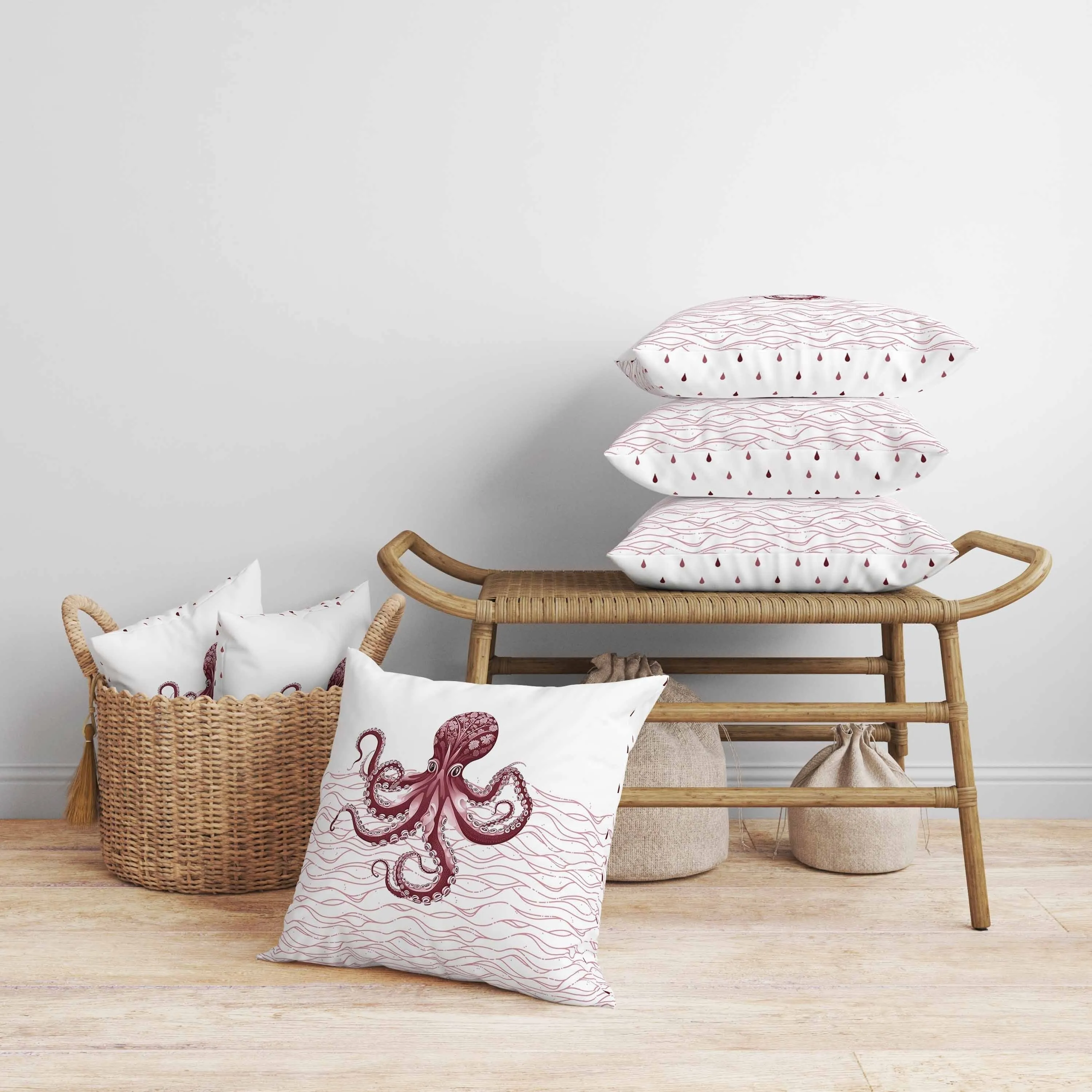 Oceanic Octo Art Faux Suede Reversible Throw Pillow Pink and Wine