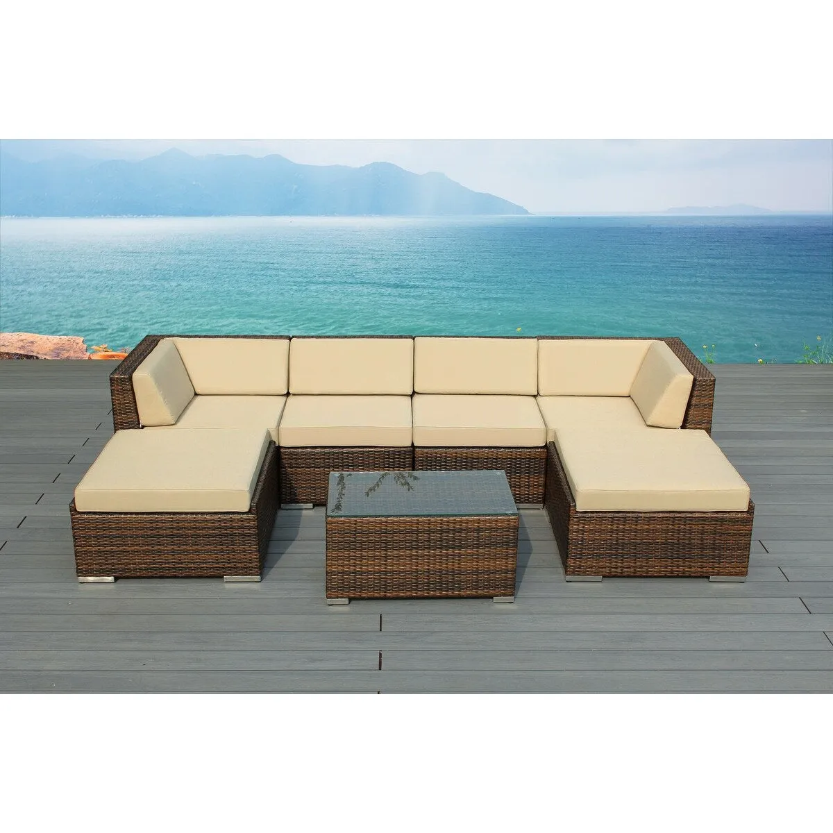 Ohana Outdoor Patio 7-piece Mixed Brown Wicker Conversation Set - No Assembly