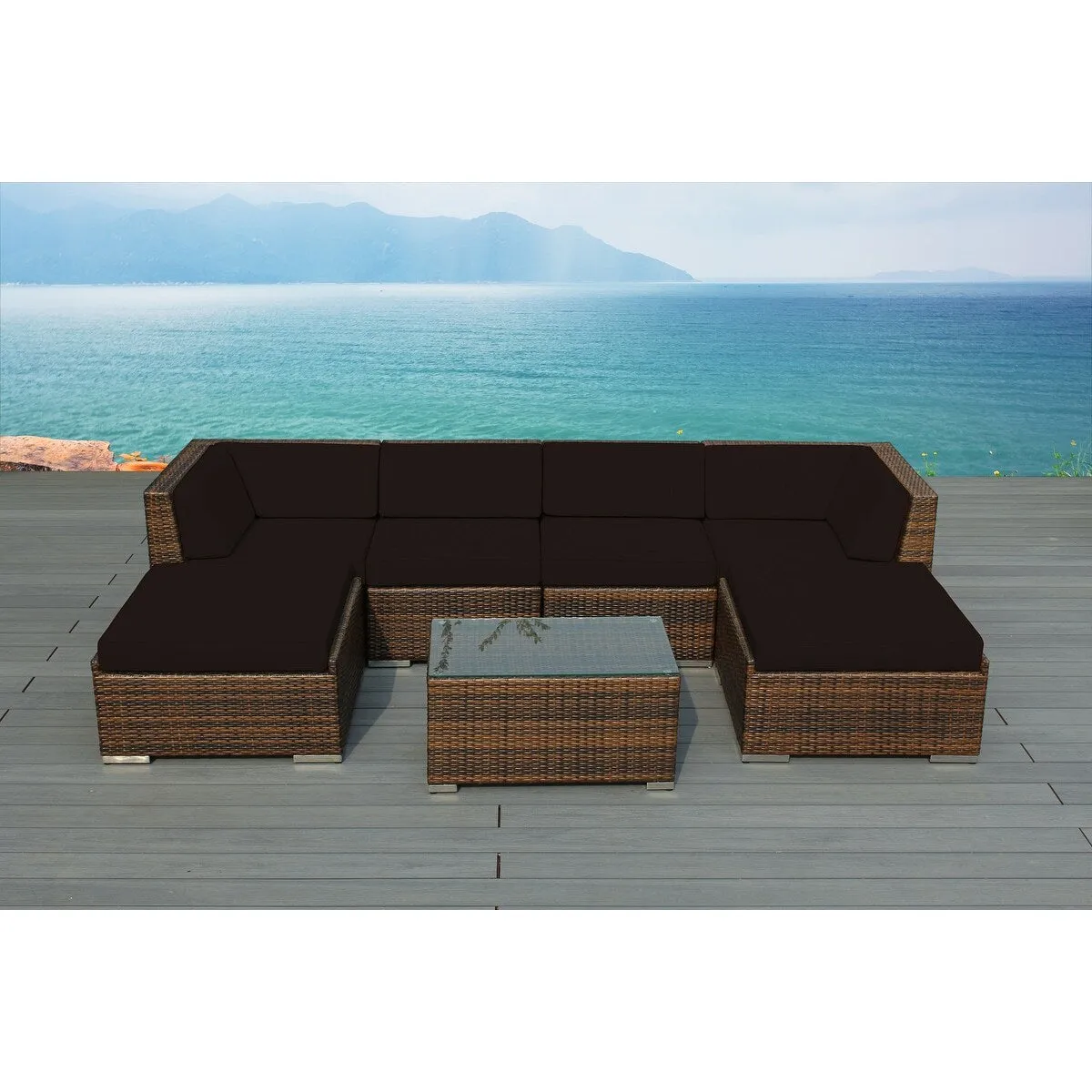 Ohana Outdoor Patio 7-piece Mixed Brown Wicker Conversation Set - No Assembly