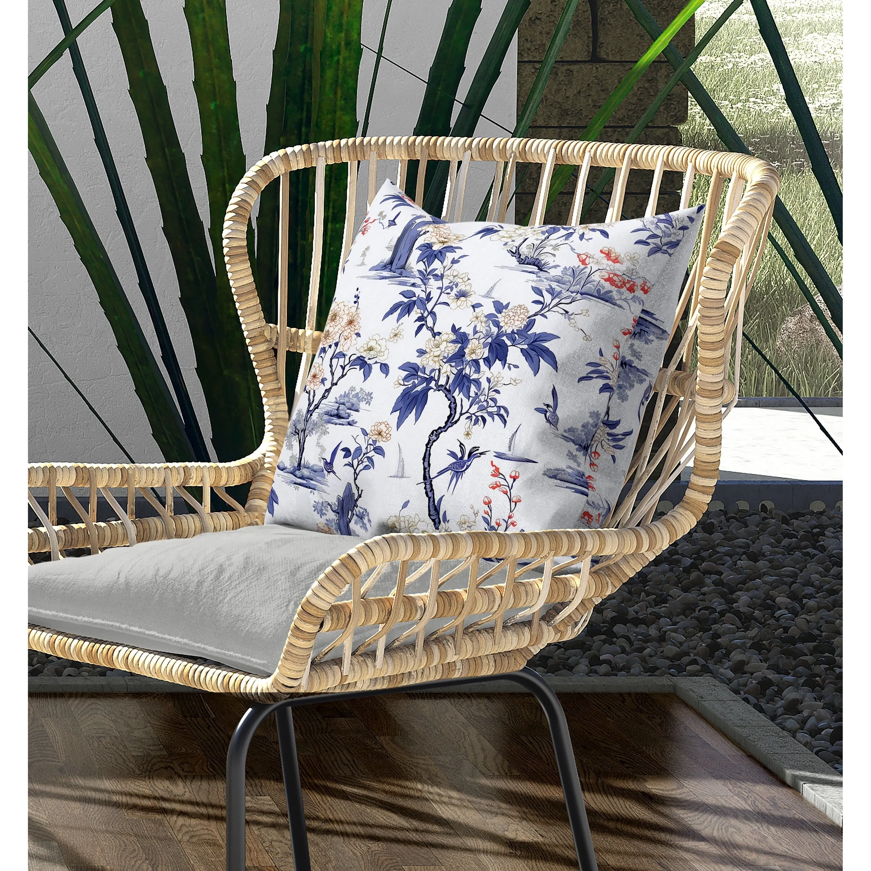 Open Air Orchid Indoor/Outdoor Reversible Throw Pillow White and Blue