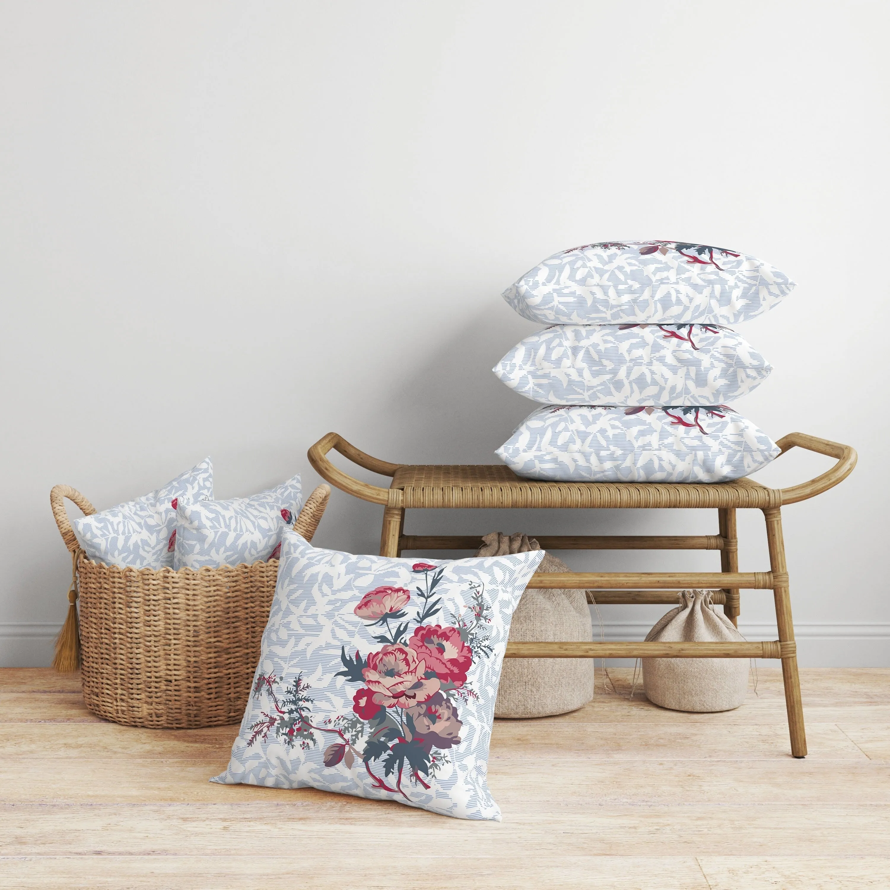Opulent Orchid Roses Faux Suede Reversible Throw Pillow Blue and Red