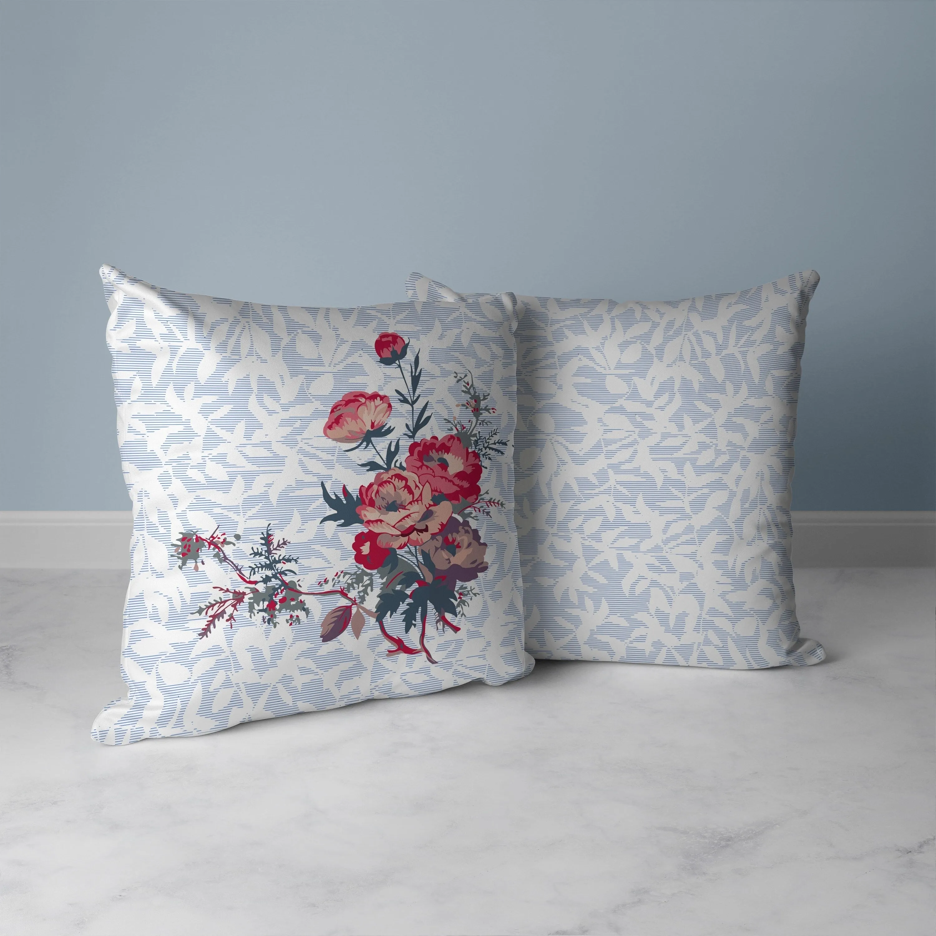 Opulent Orchid Roses Faux Suede Reversible Throw Pillow Blue and Red
