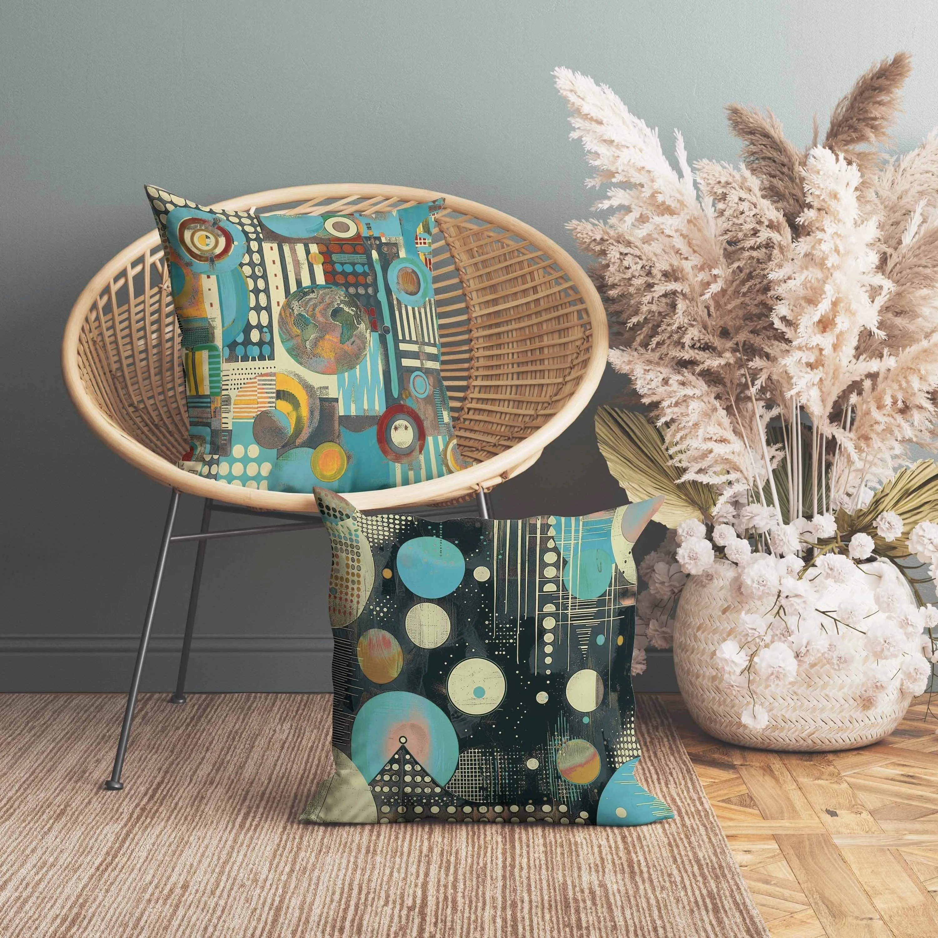 Orbital Echoes Faux Suede Reversible Throw Pillow Blue and Black
