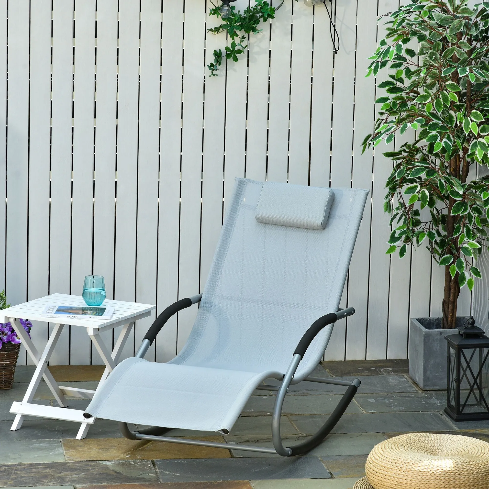 Outdoor Chaise Rocker with Detachable Pillow and Weather-Fighting Fabric. Zero Gravity Rocking Chair for Patio. Deck. Pool