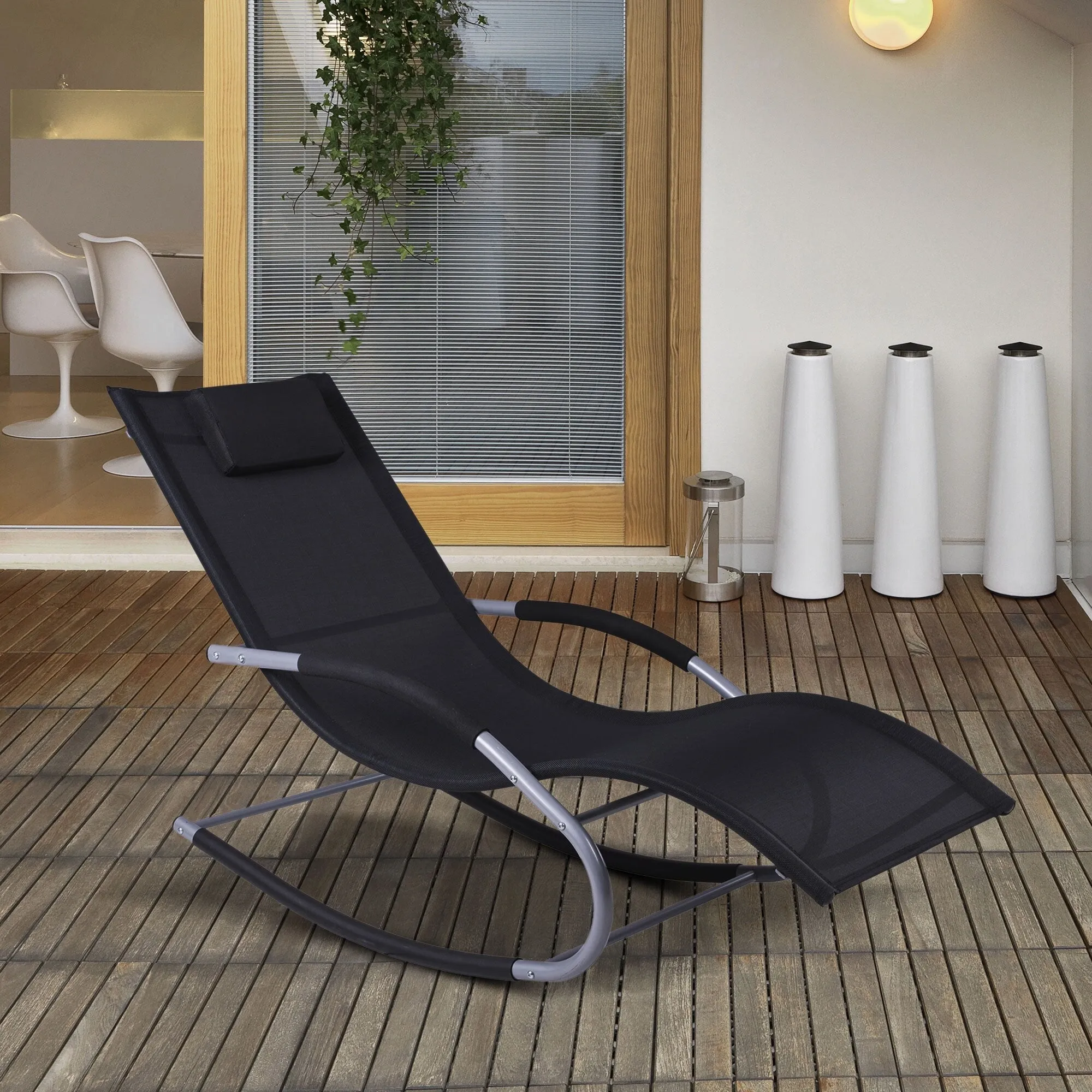 Outdoor Chaise Rocker with Detachable Pillow and Weather-Fighting Fabric. Zero Gravity Rocking Chair for Patio. Deck. Pool