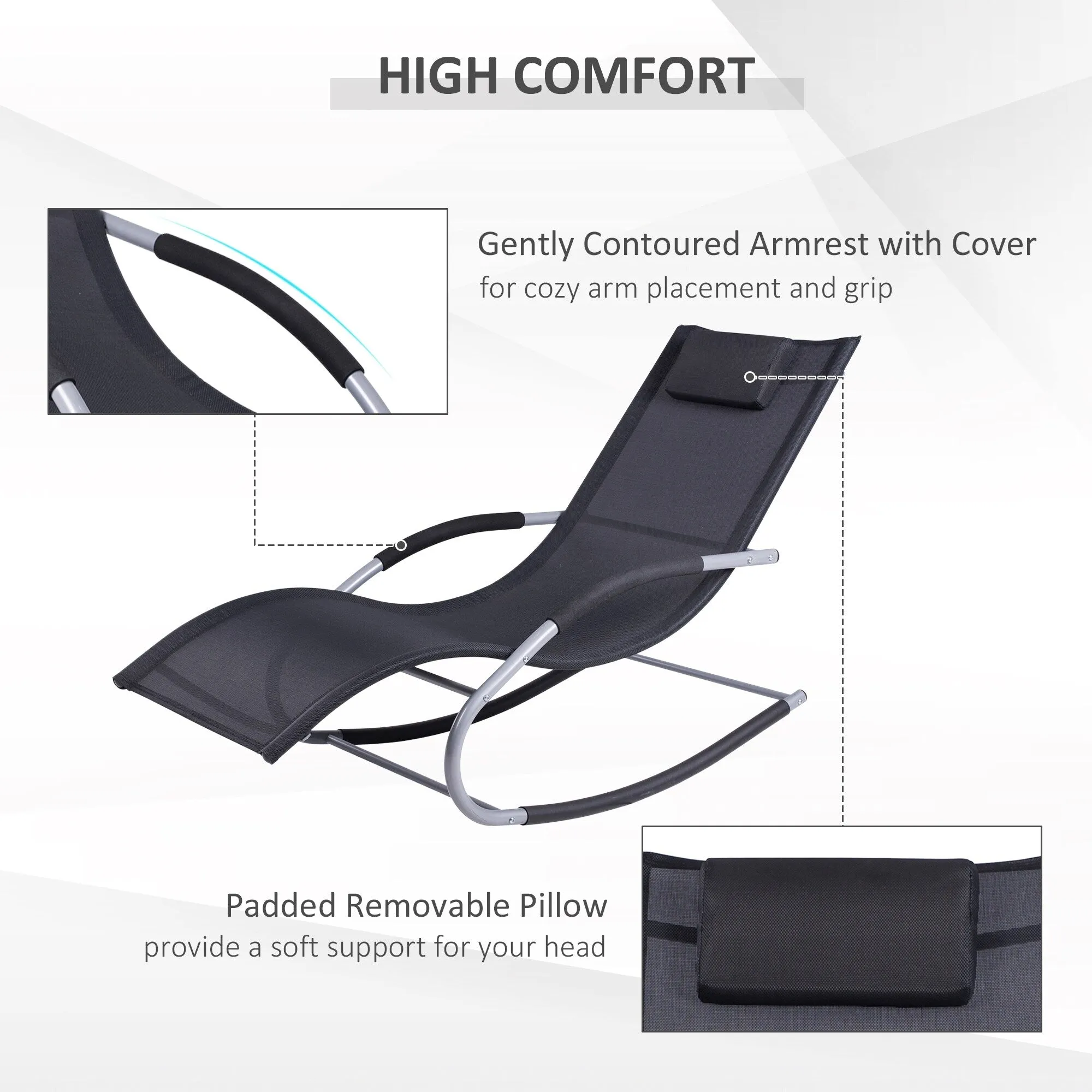 Outdoor Chaise Rocker with Detachable Pillow and Weather-Fighting Fabric. Zero Gravity Rocking Chair for Patio. Deck. Pool
