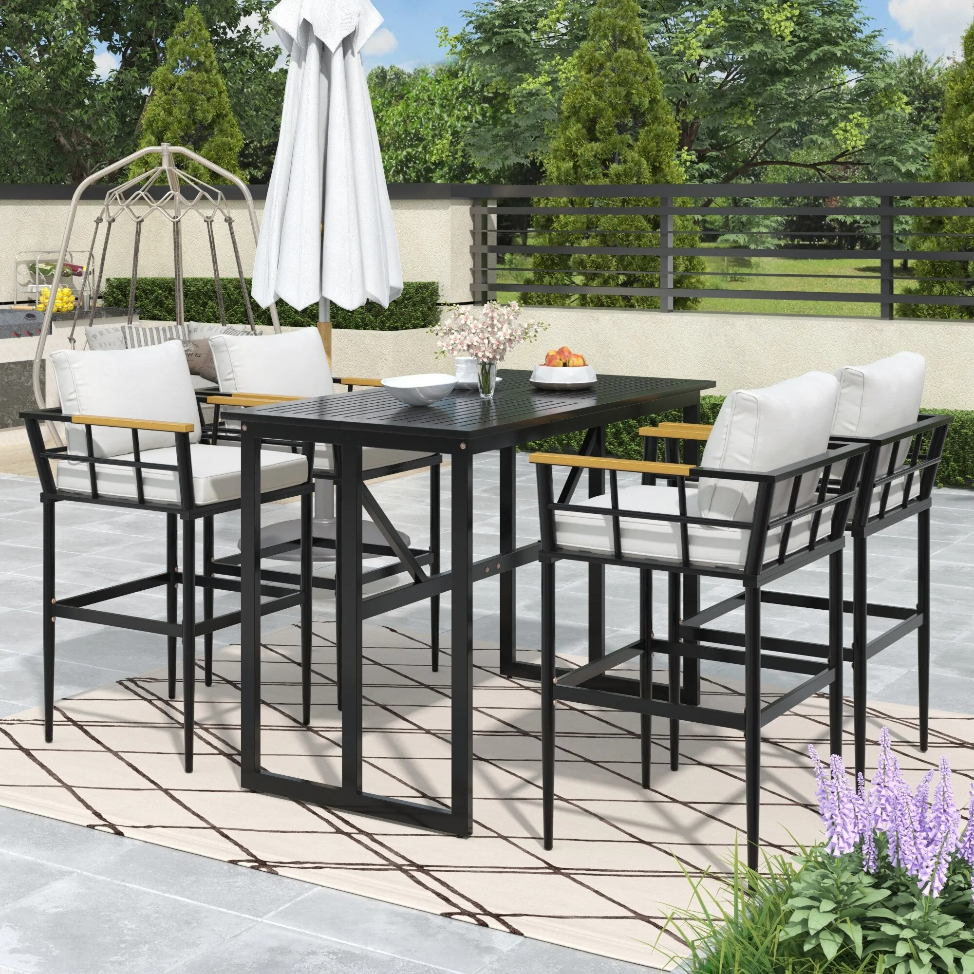 Outdoor Wood Chairs Set with Metal Table for Patio (Set of 5)