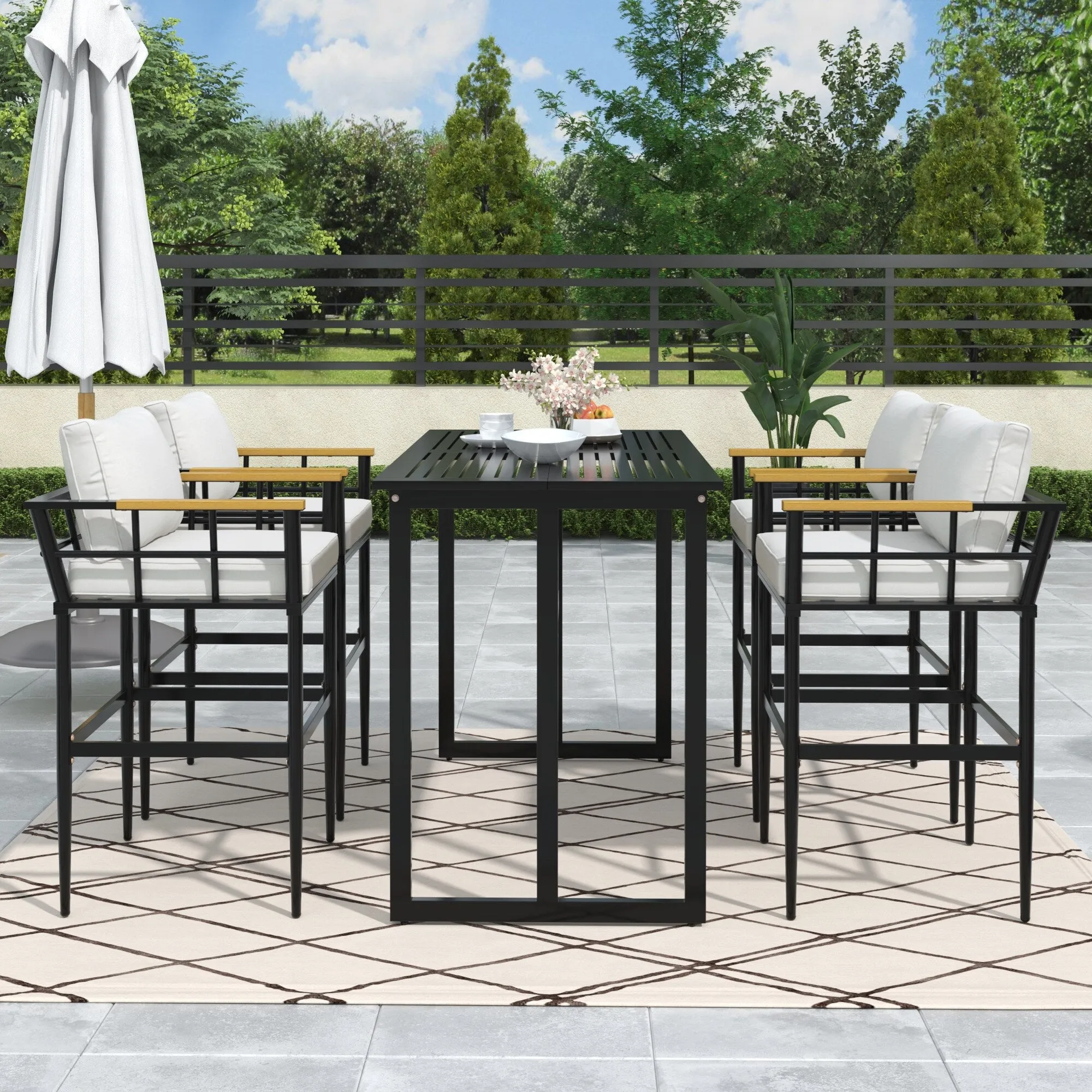 Outdoor Wood Chairs Set with Metal Table for Patio (Set of 5)