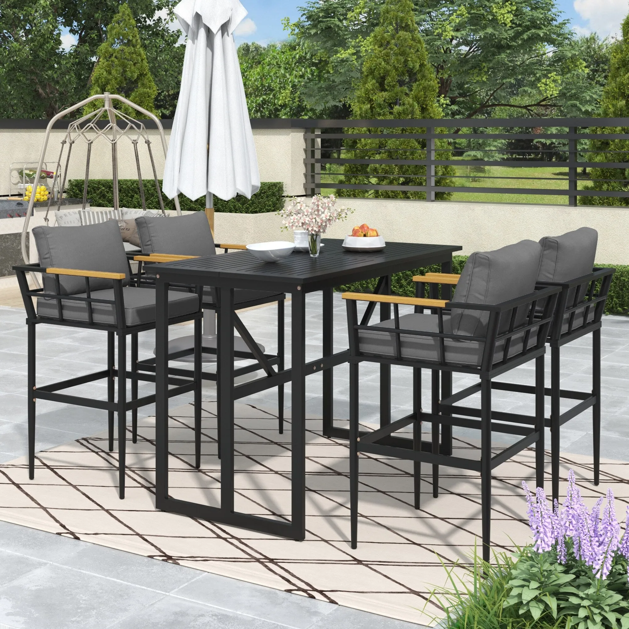 Outdoor Wood Chairs Set with Metal Table for Patio (Set of 5)