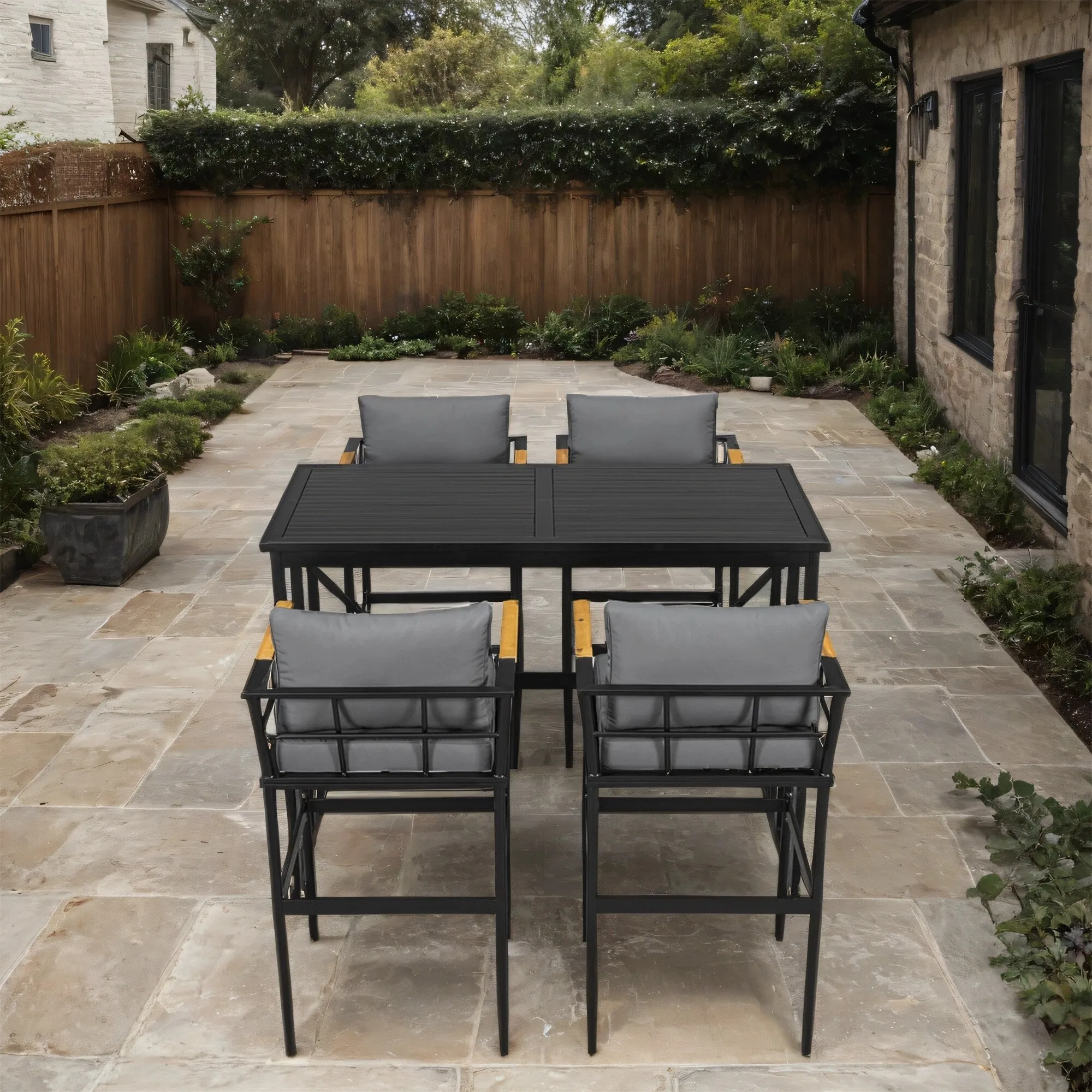 Outdoor Wood Chairs Set with Metal Table for Patio (Set of 5)