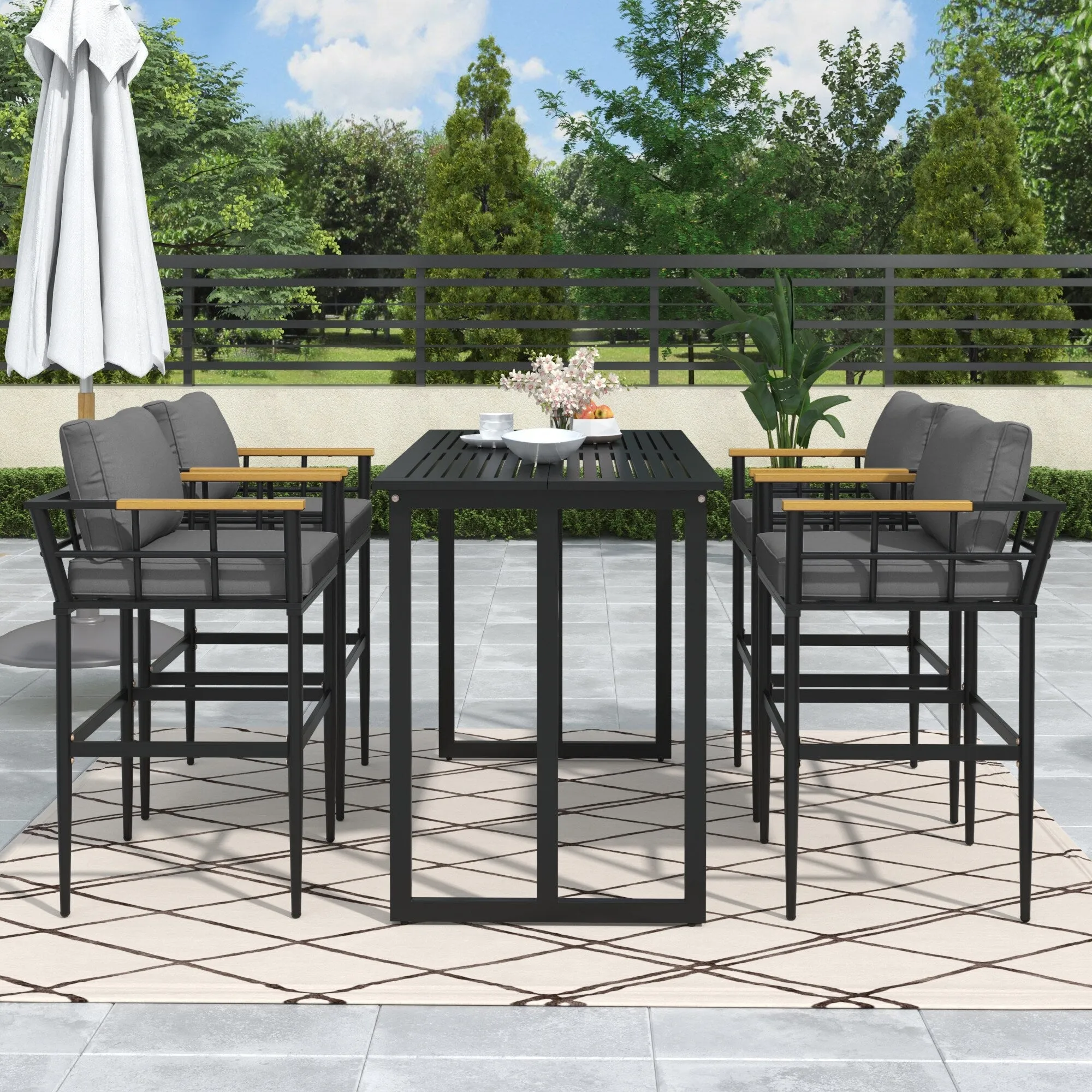 Outdoor Wood Chairs Set with Metal Table for Patio (Set of 5)