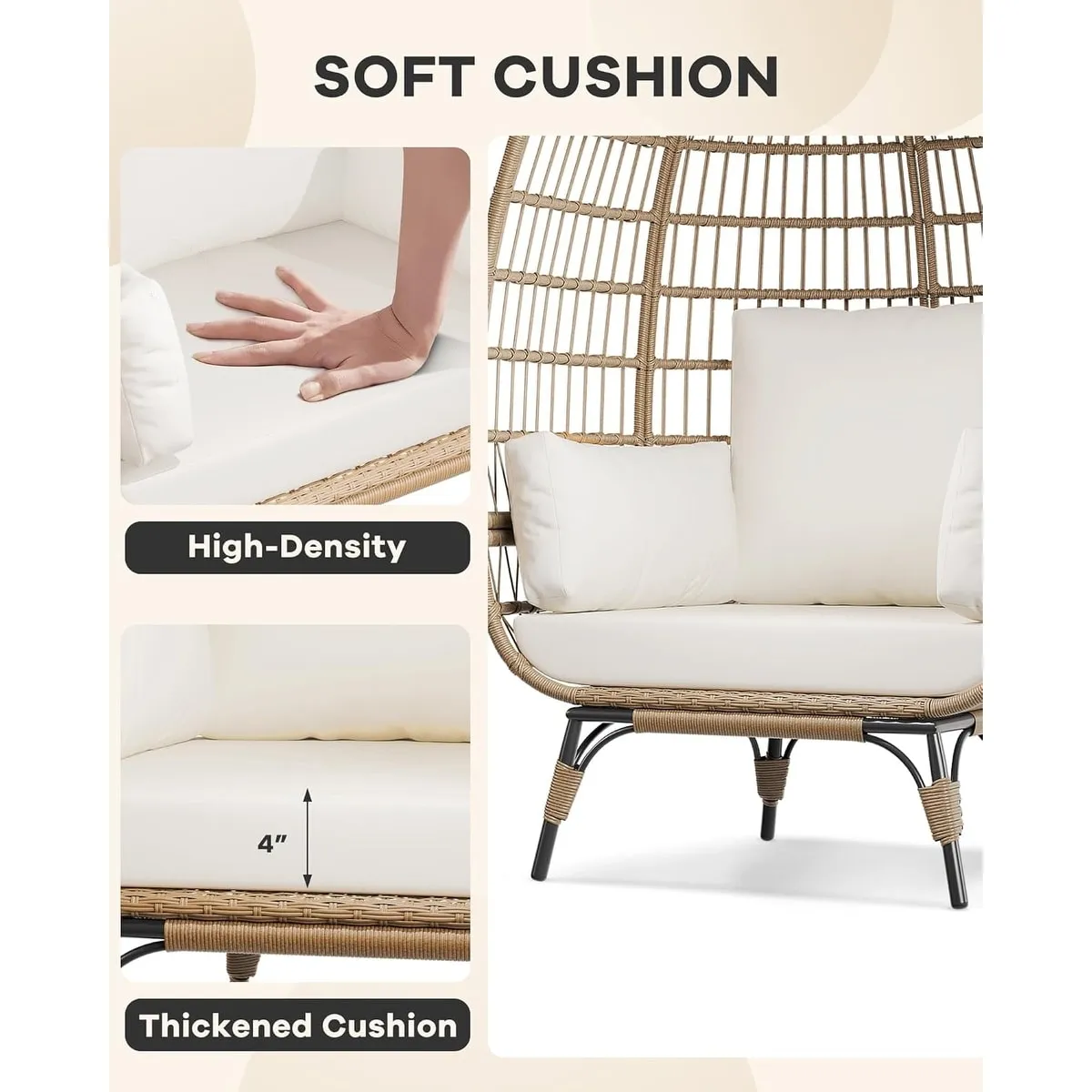 Oversize Wicker Egg Chair Outdoor with Steel Frame. Egg Basket Lounge Chair with 4 Cushions