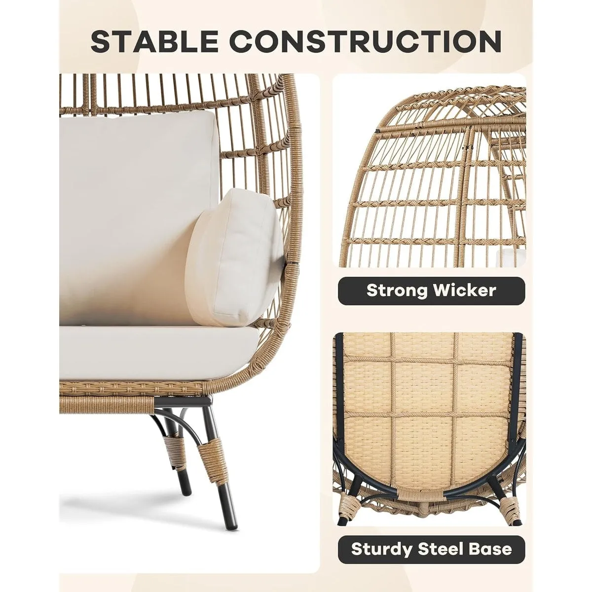 Oversize Wicker Egg Chair Outdoor with Steel Frame. Egg Basket Lounge Chair with 4 Cushions
