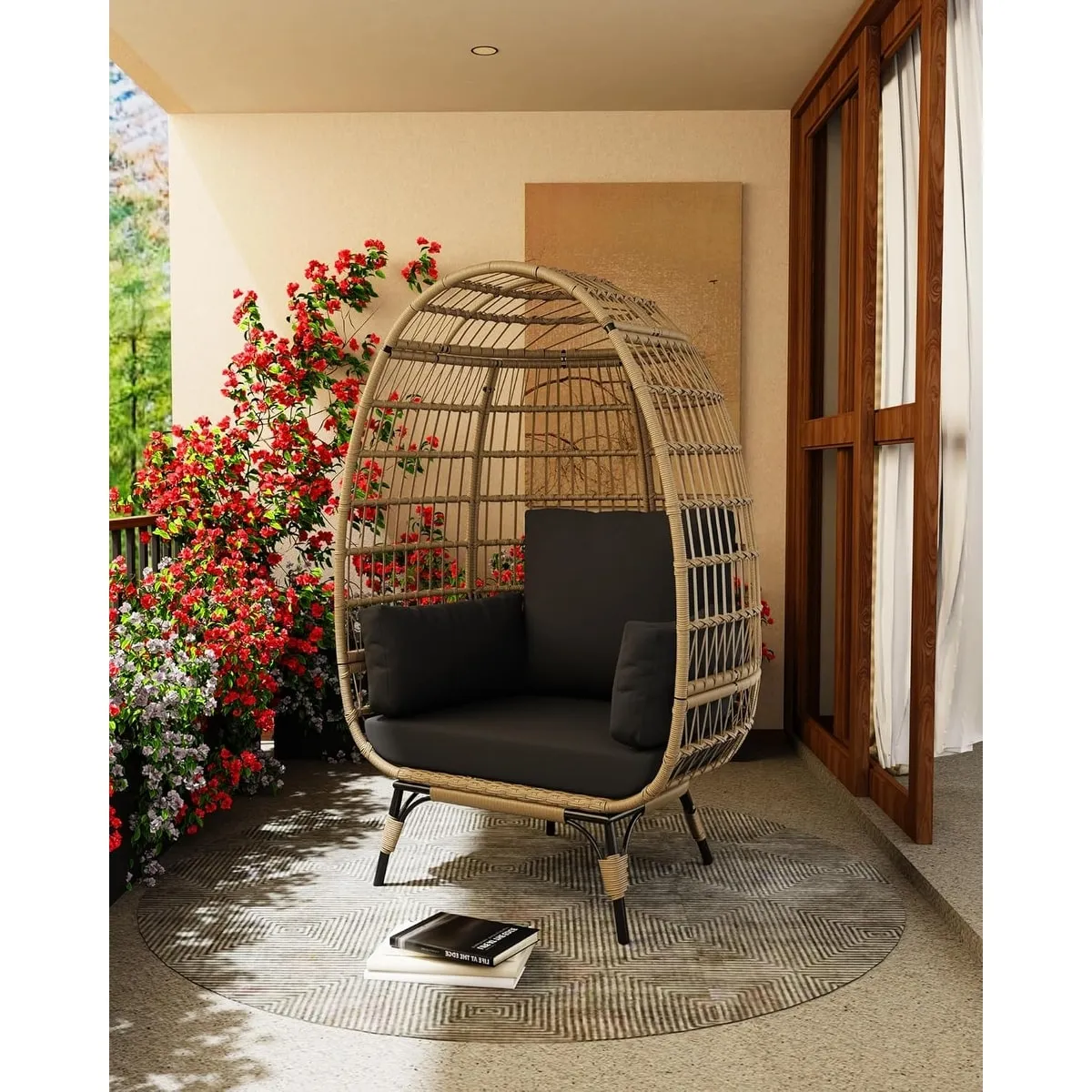 Oversize Wicker Egg Chair Outdoor with Steel Frame. Egg Basket Lounge Chair with 4 Cushions