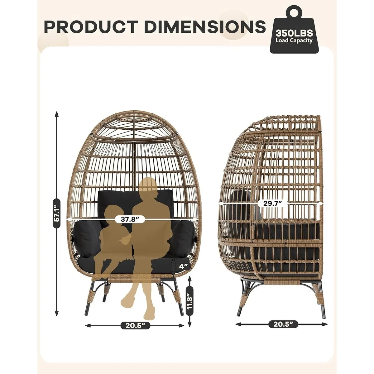 Oversize Wicker Egg Chair Outdoor with Steel Frame. Egg Basket Lounge Chair with 4 Cushions