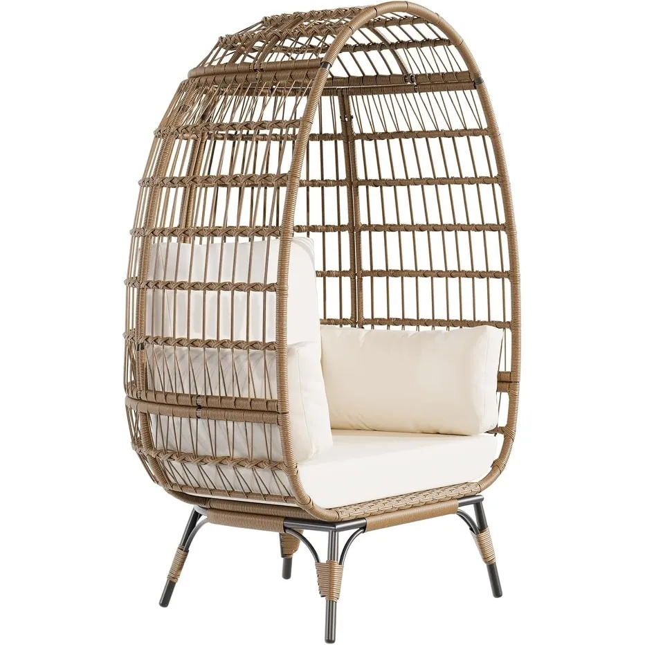 Oversize Wicker Egg Chair Outdoor with Steel Frame. Egg Basket Lounge Chair with 4 Cushions