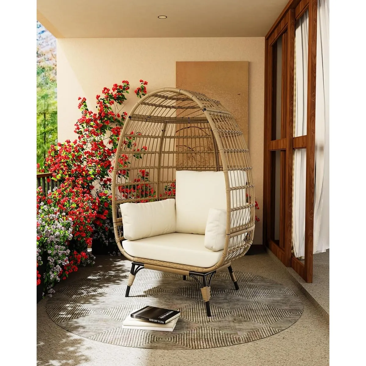 Oversize Wicker Egg Chair Outdoor with Steel Frame. Egg Basket Lounge Chair with 4 Cushions