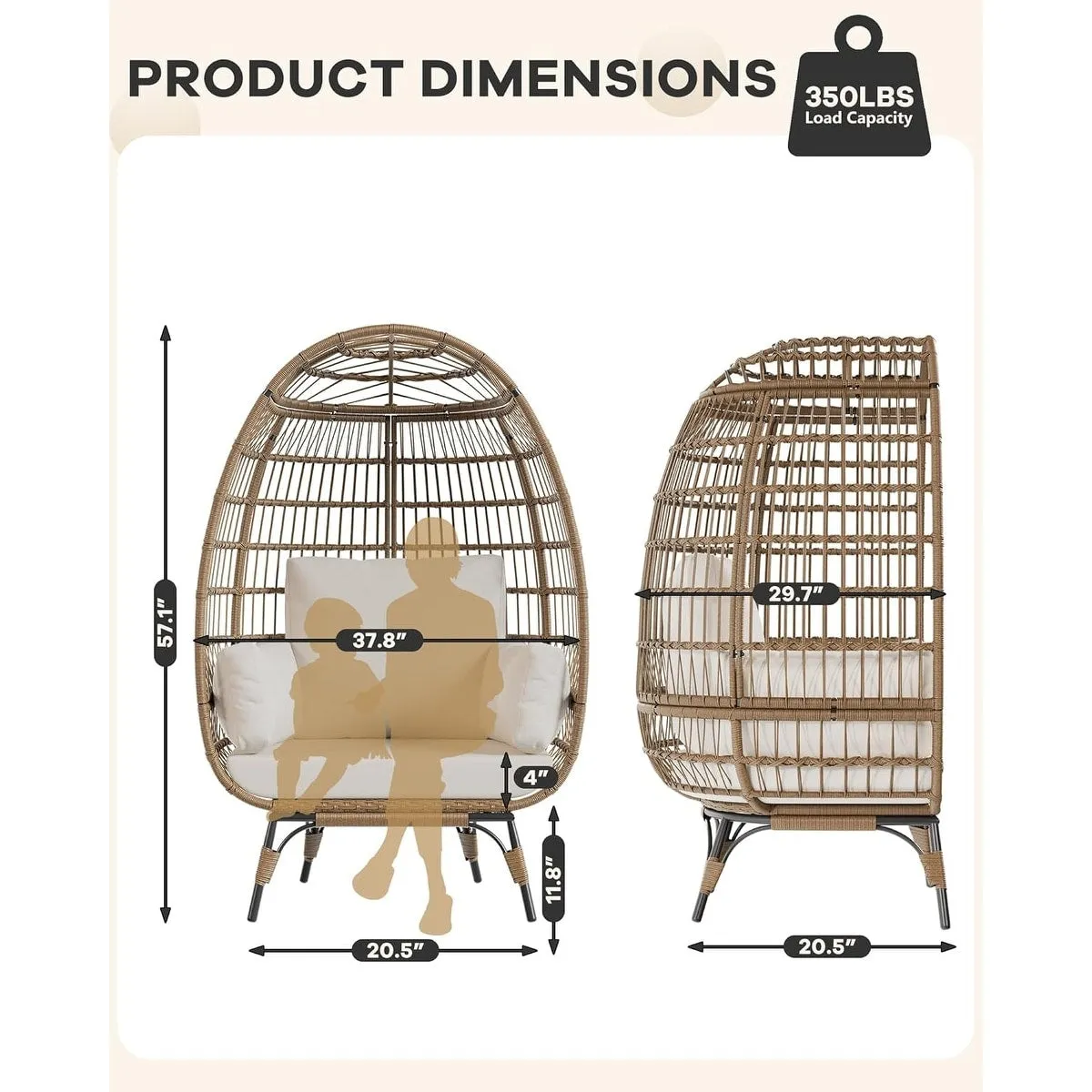 Oversize Wicker Egg Chair Outdoor with Steel Frame. Egg Basket Lounge Chair with 4 Cushions