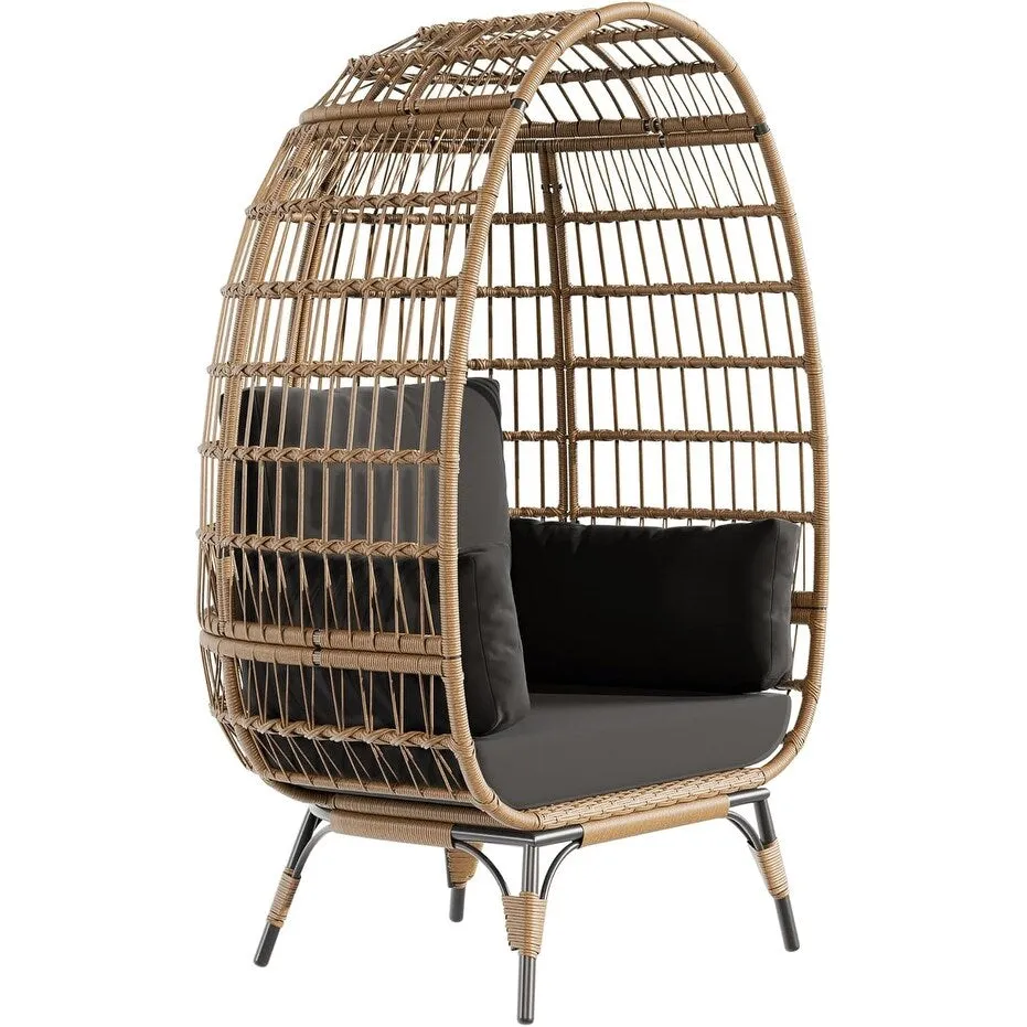 Oversize Wicker Egg Chair Outdoor with Steel Frame. Egg Basket Lounge Chair with 4 Cushions