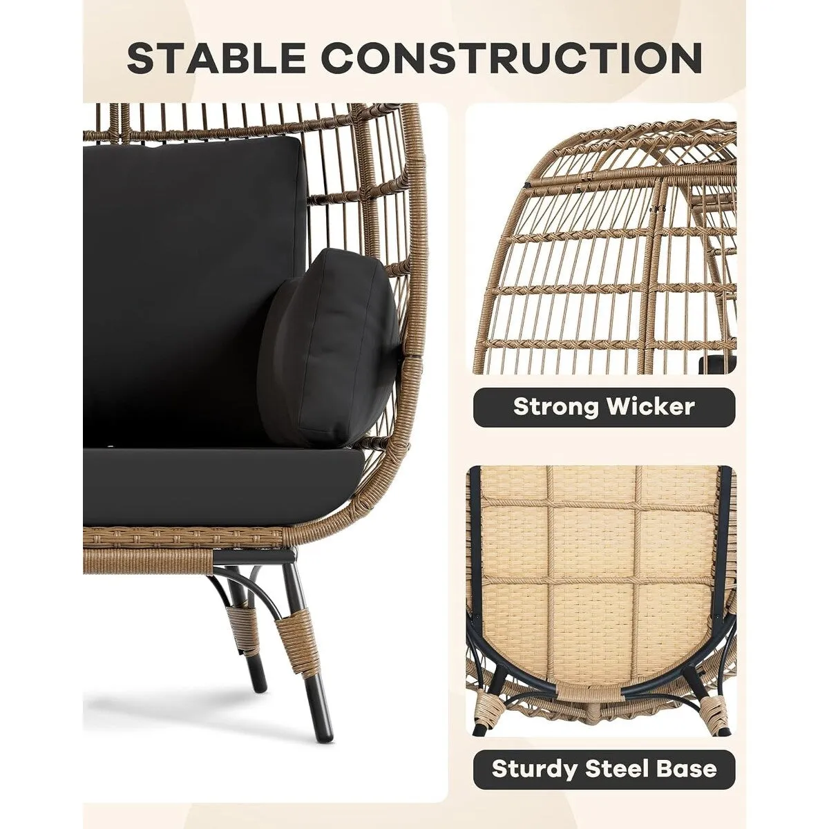 Oversize Wicker Egg Chair Outdoor with Steel Frame. Egg Basket Lounge Chair with 4 Cushions