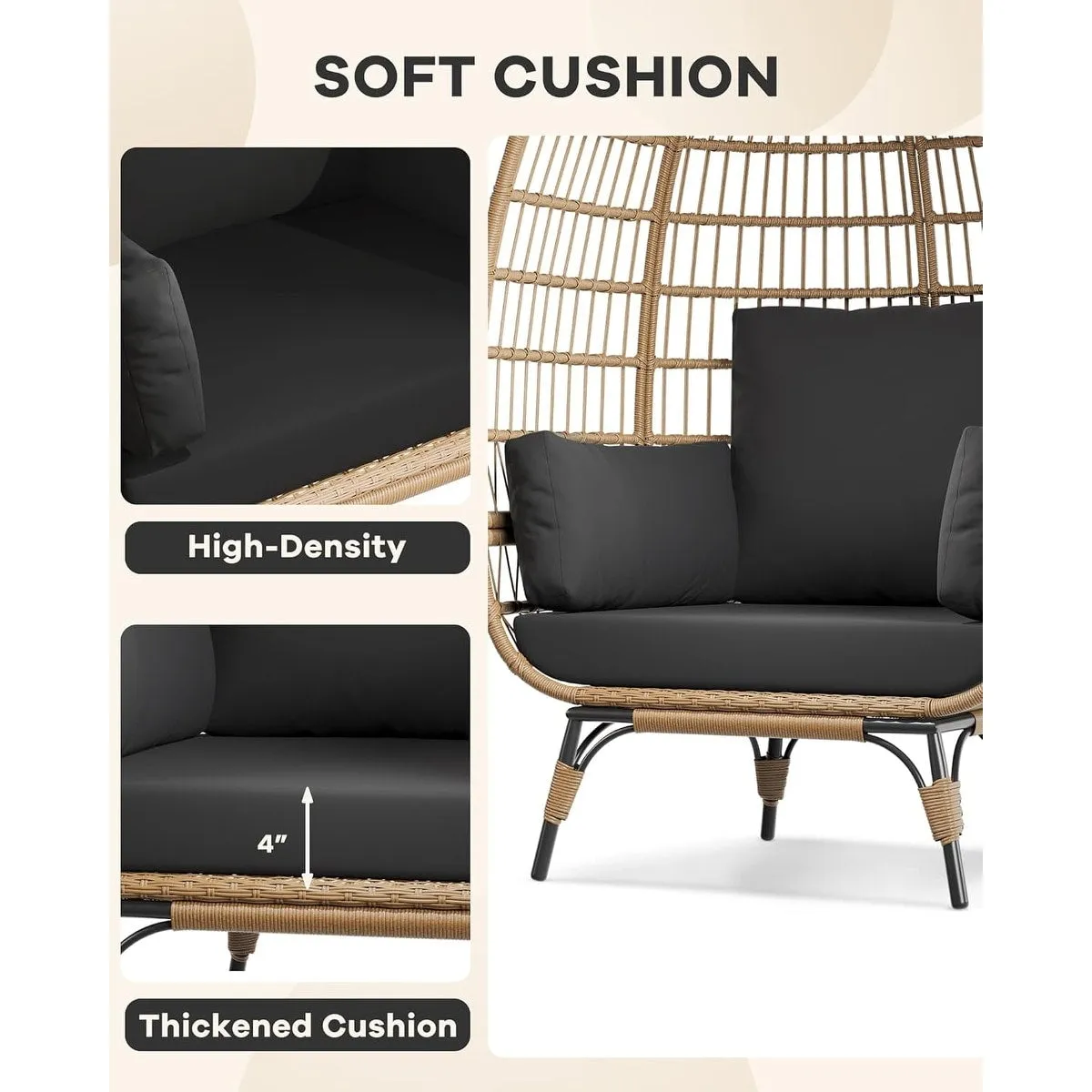 Oversize Wicker Egg Chair Outdoor with Steel Frame. Egg Basket Lounge Chair with 4 Cushions