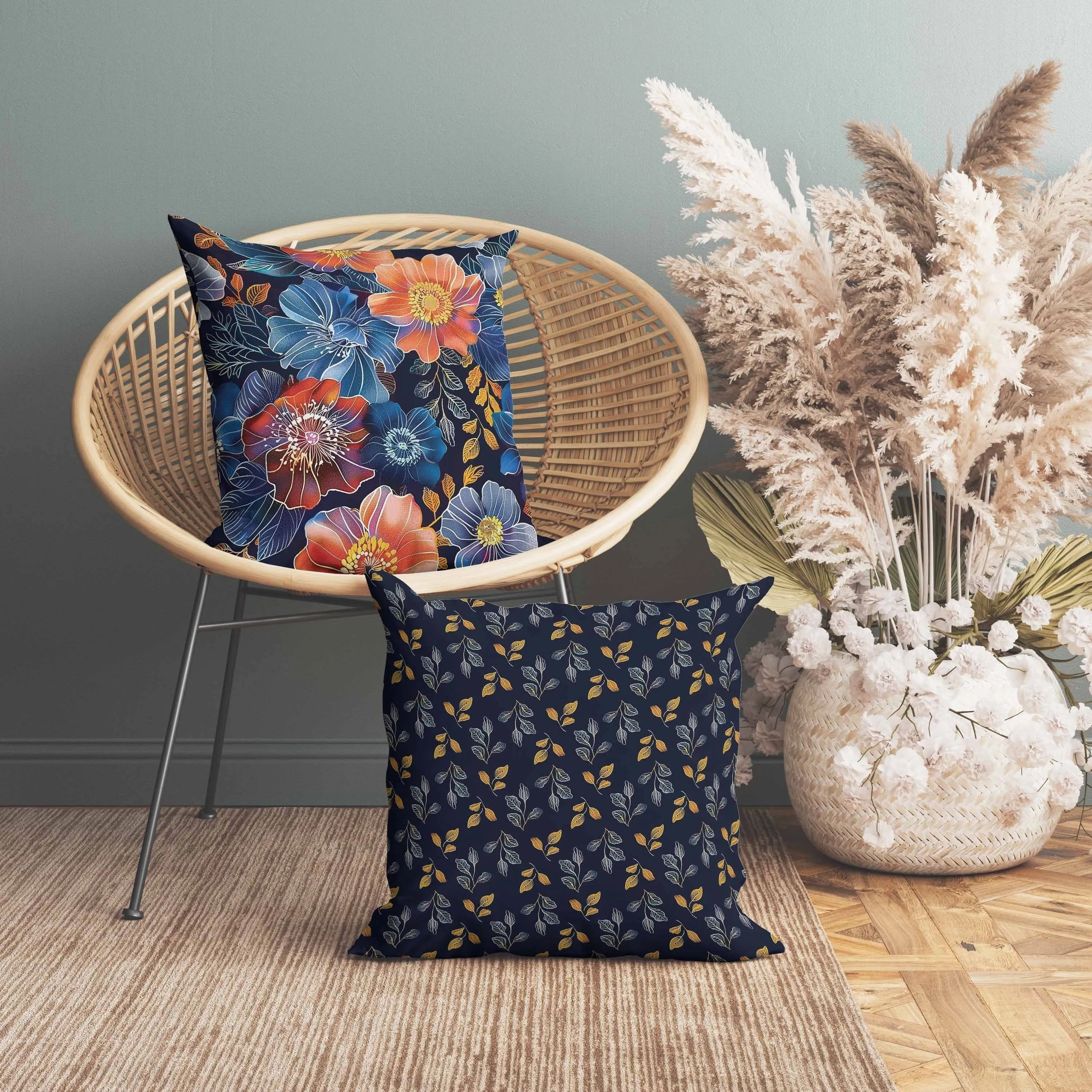 Painted Petalscape Faux Suede Reversible Throw Pillow Blue and Orange