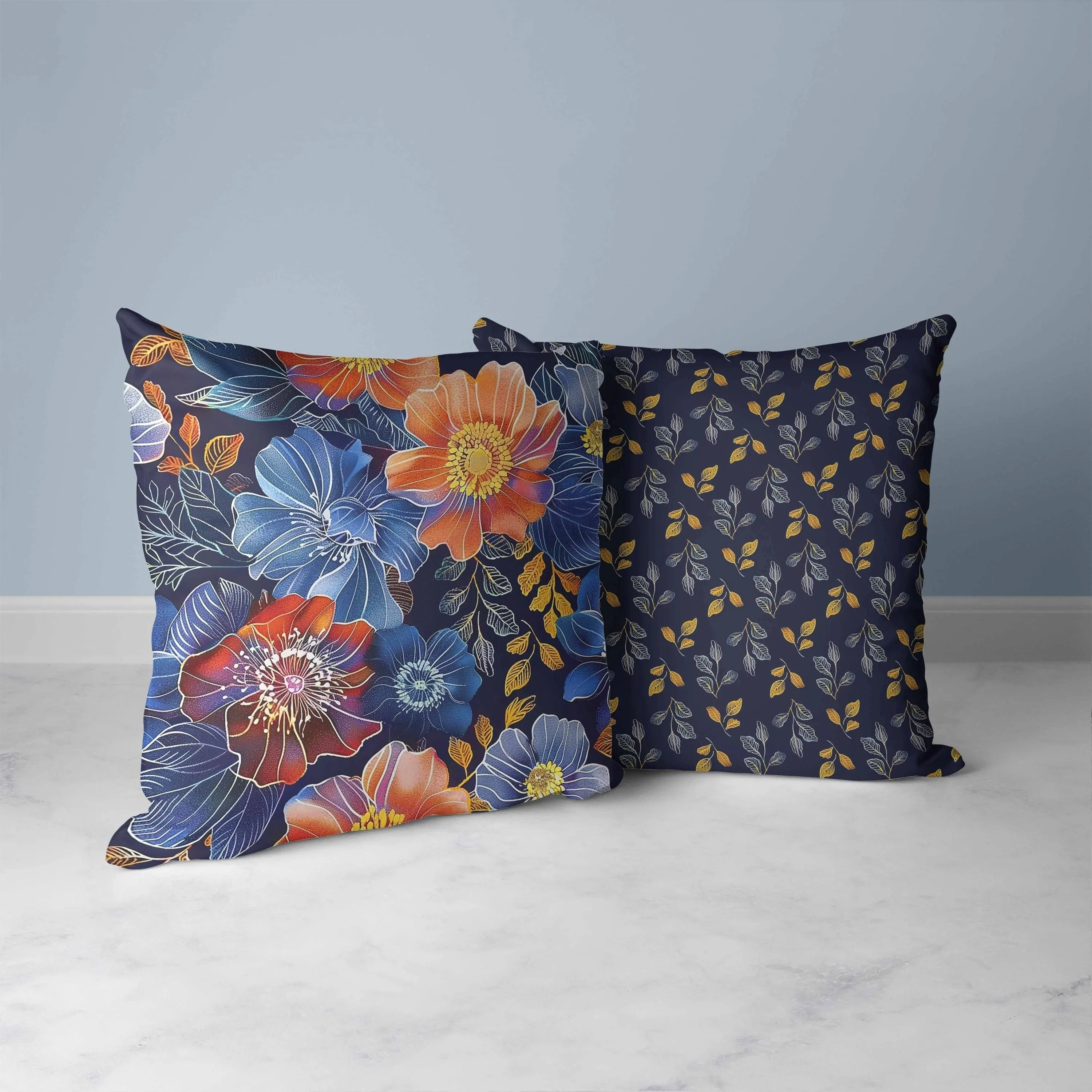 Painted Petalscape Faux Suede Reversible Throw Pillow Blue and Orange