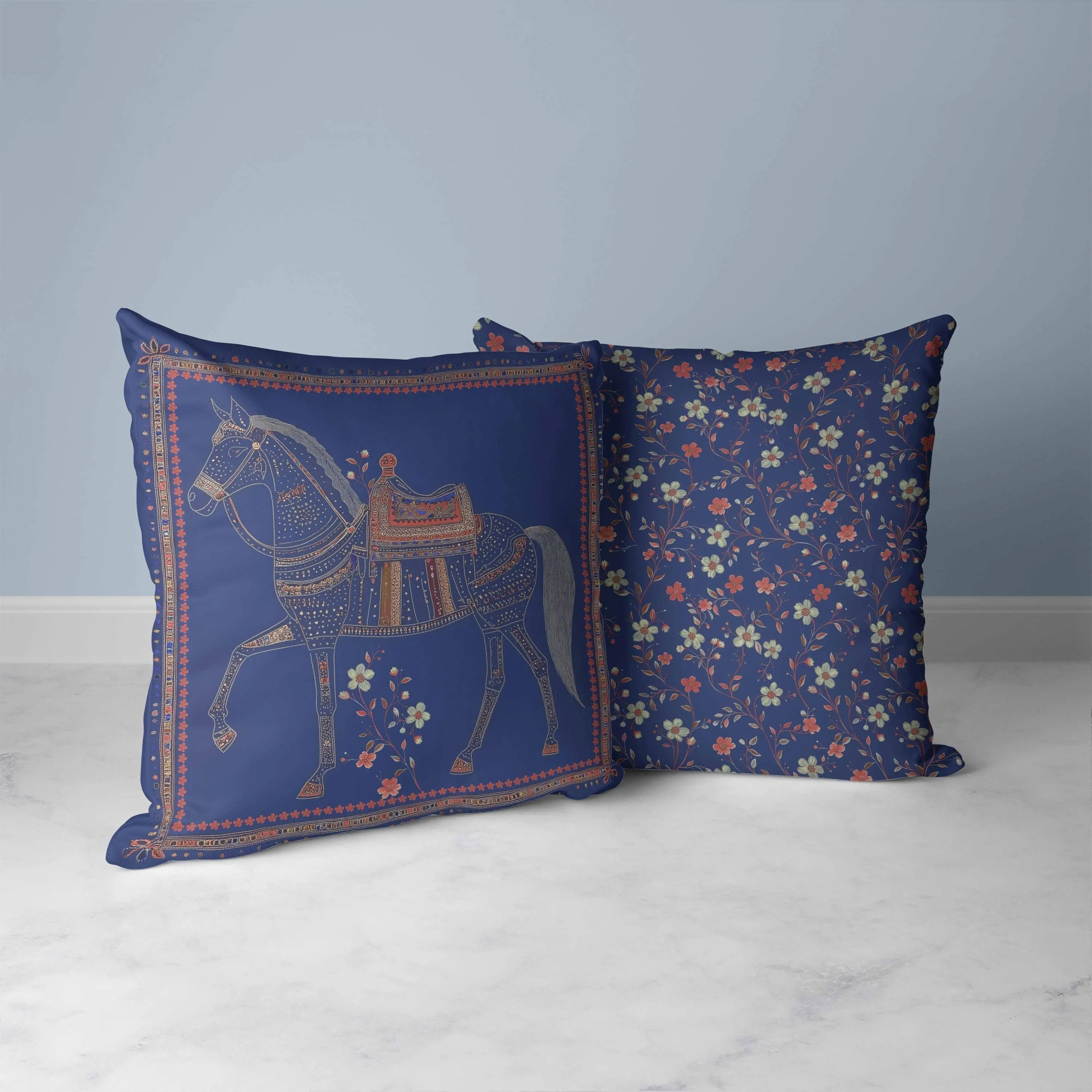 Painted Pony Faux Suede Reversible Throw Pillow Blue and Orange
